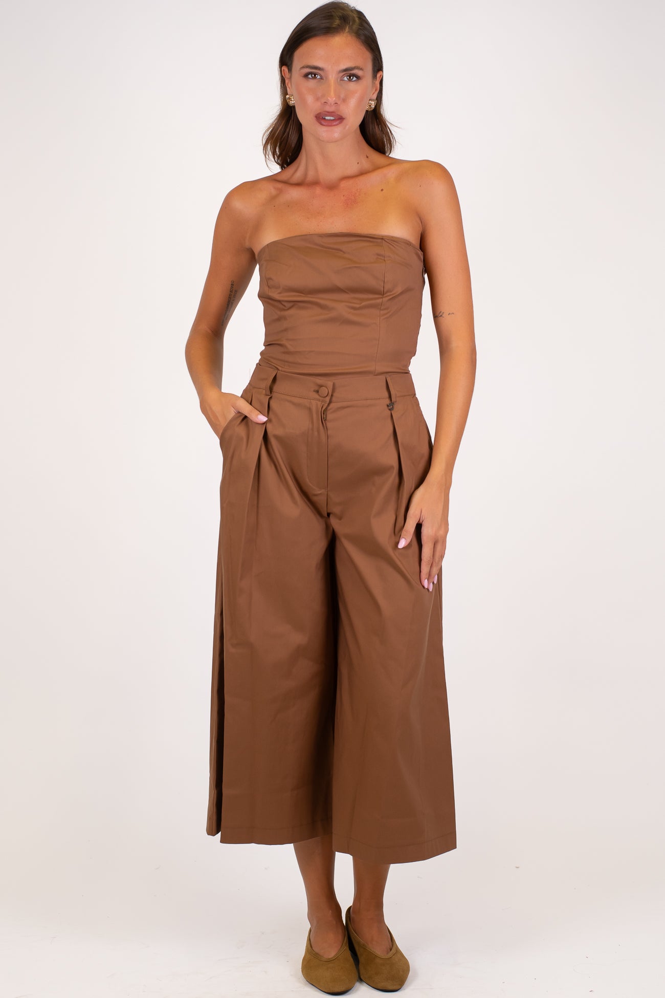 Dixie - Coordinato in cotone tela paracadute con top a fascia e pantalone crop