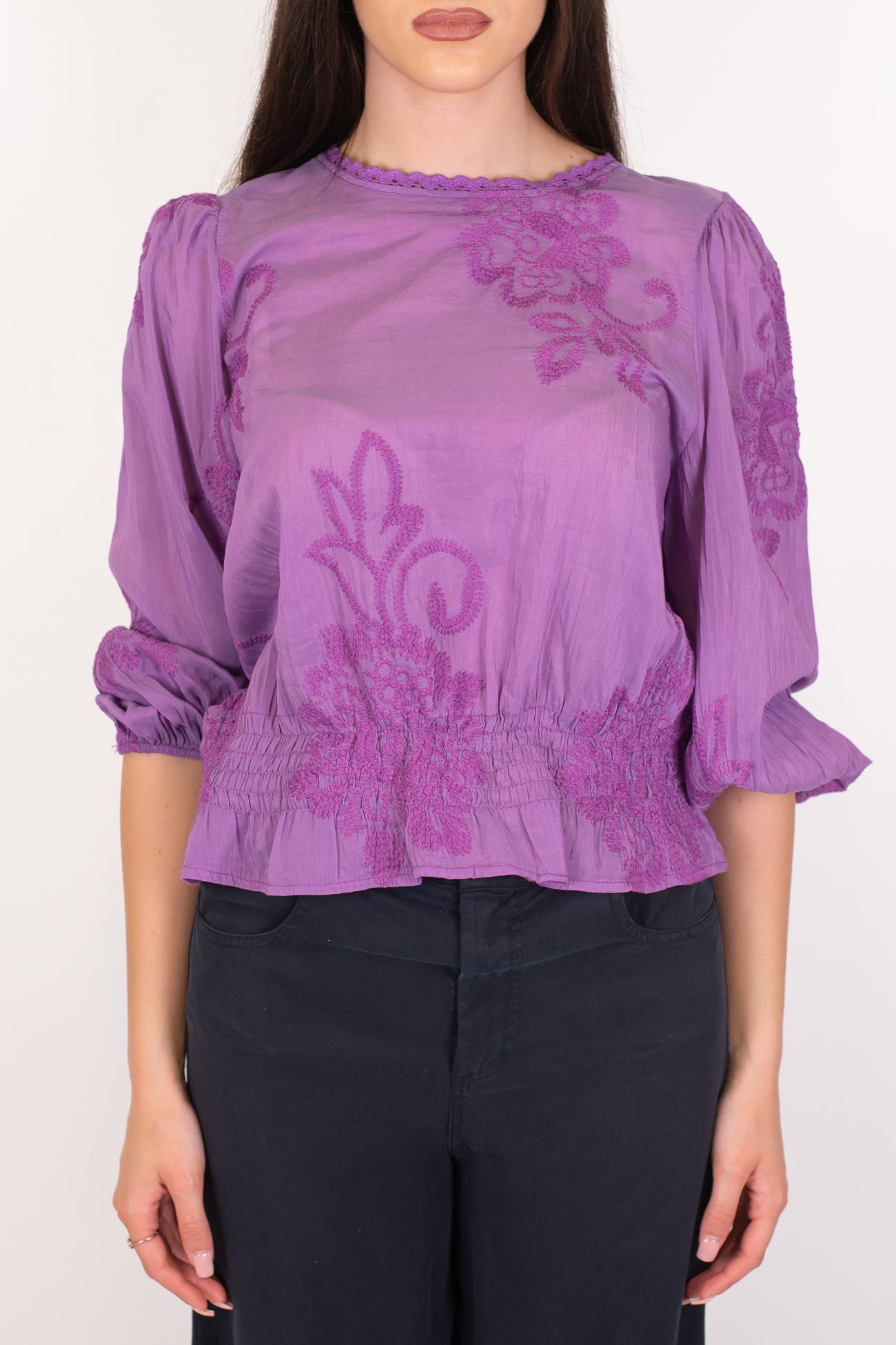 Tensione in - Blusa a palloncino in misto cotone e seta con manica tre quarti