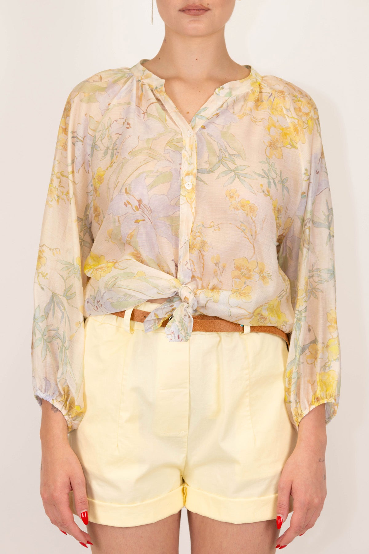 Motel - Camicia fantasia floreale in lyocell con collo coreano