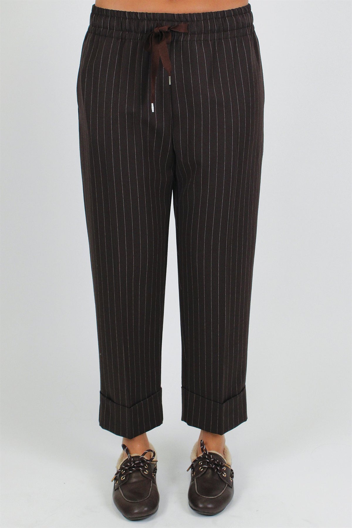 Maryley - Pantalone regular gessato con coulisse e risvolto sul fondo
