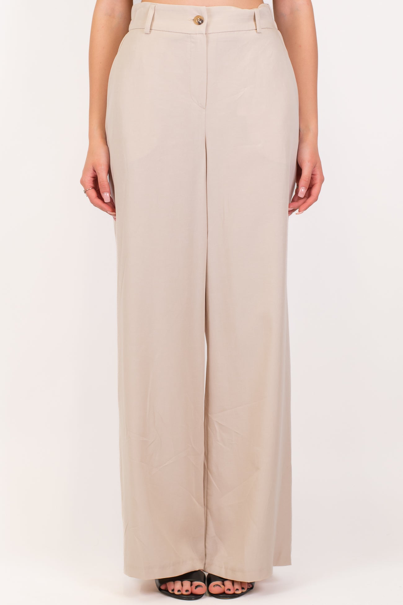 Motel - Coordinato in tencel con giacca girocollo mezzamanica e pantalone palazzo con elastico sul retro