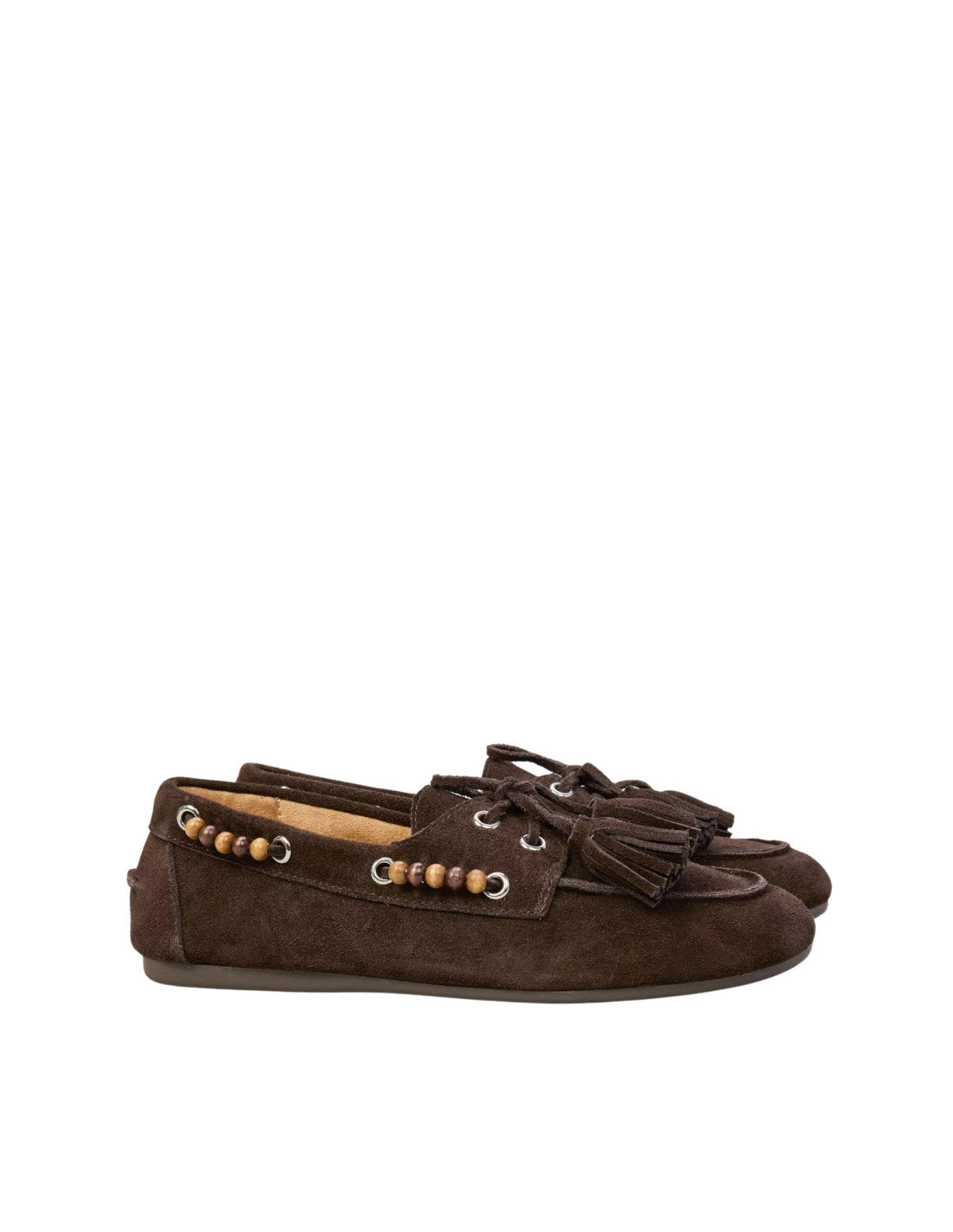 Ovyé - Mocassino in suede con lacci, nappine e perline laterali