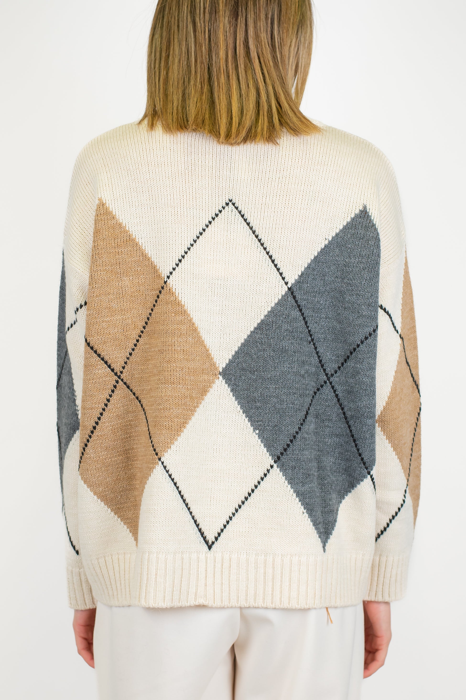 Tensione in - Maglia girocollo over in misto lana fantasia rombi