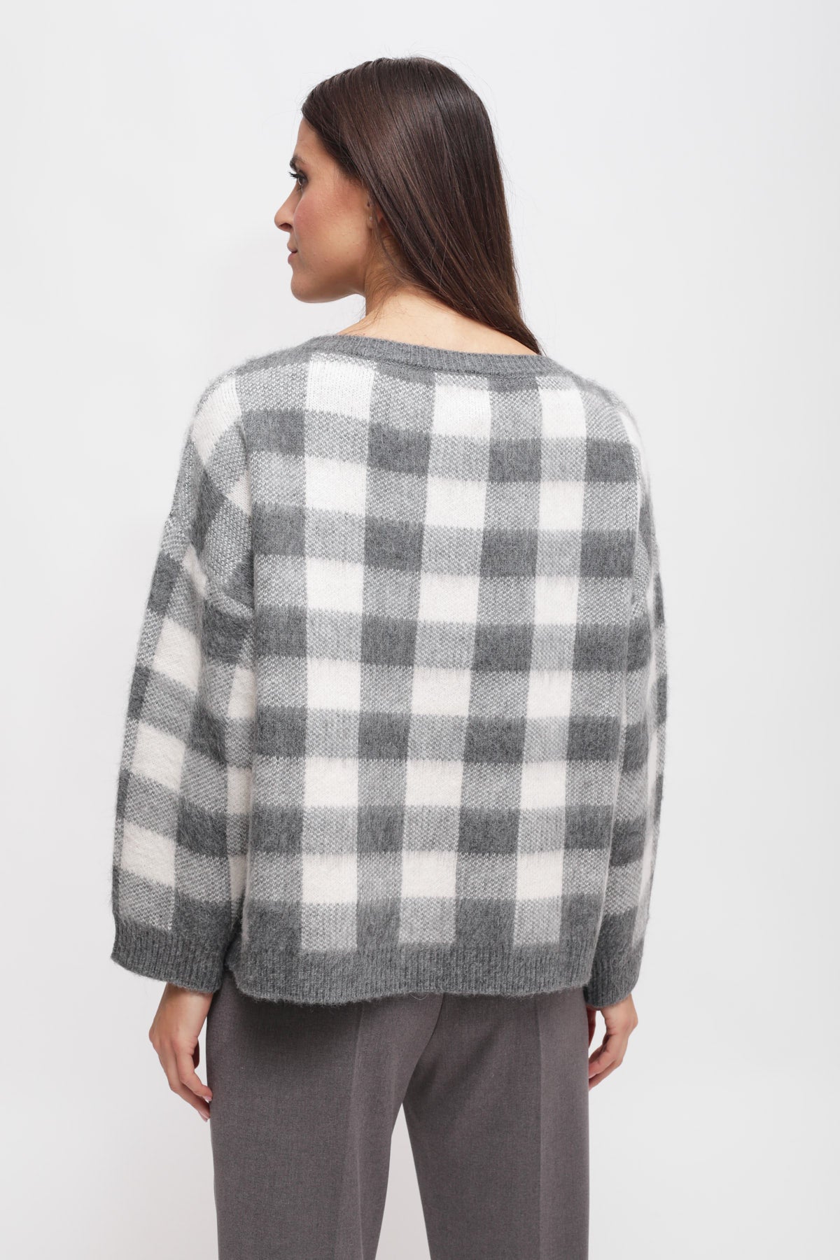 Maryley - Maglia girocollo over fantasia quadri in misto lana