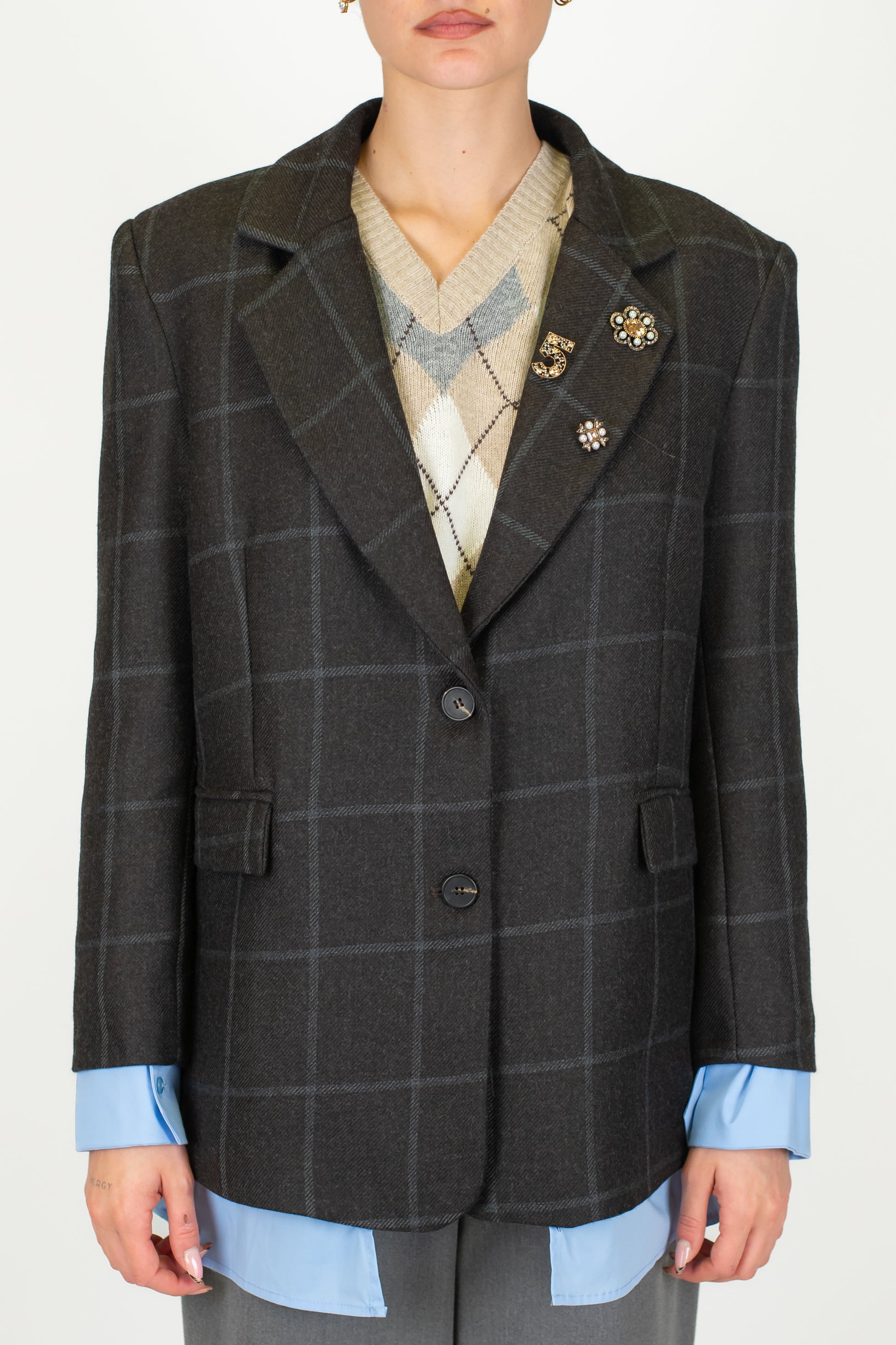 Motel - Giacca fantasia check in misto lana con spille e