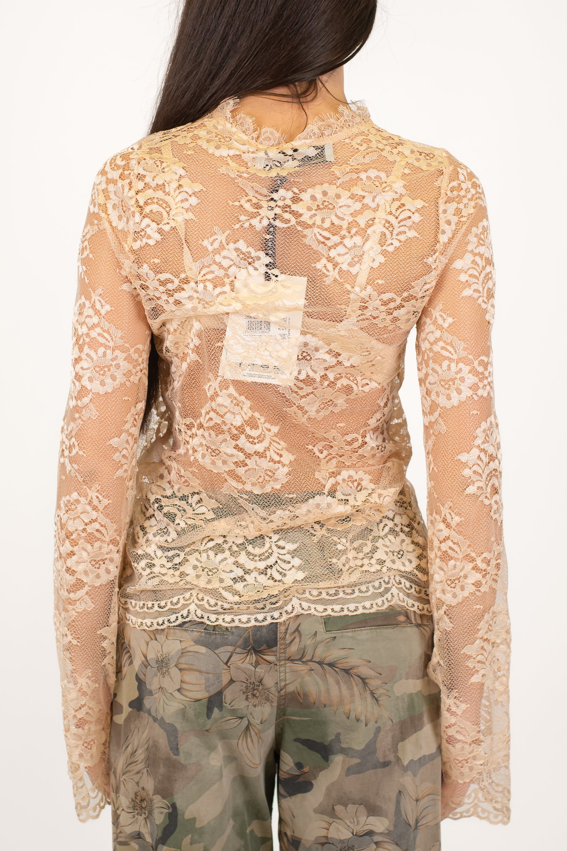 Haveone - Camicia in pizzo ricamato collo coreano e chiusura con alamari