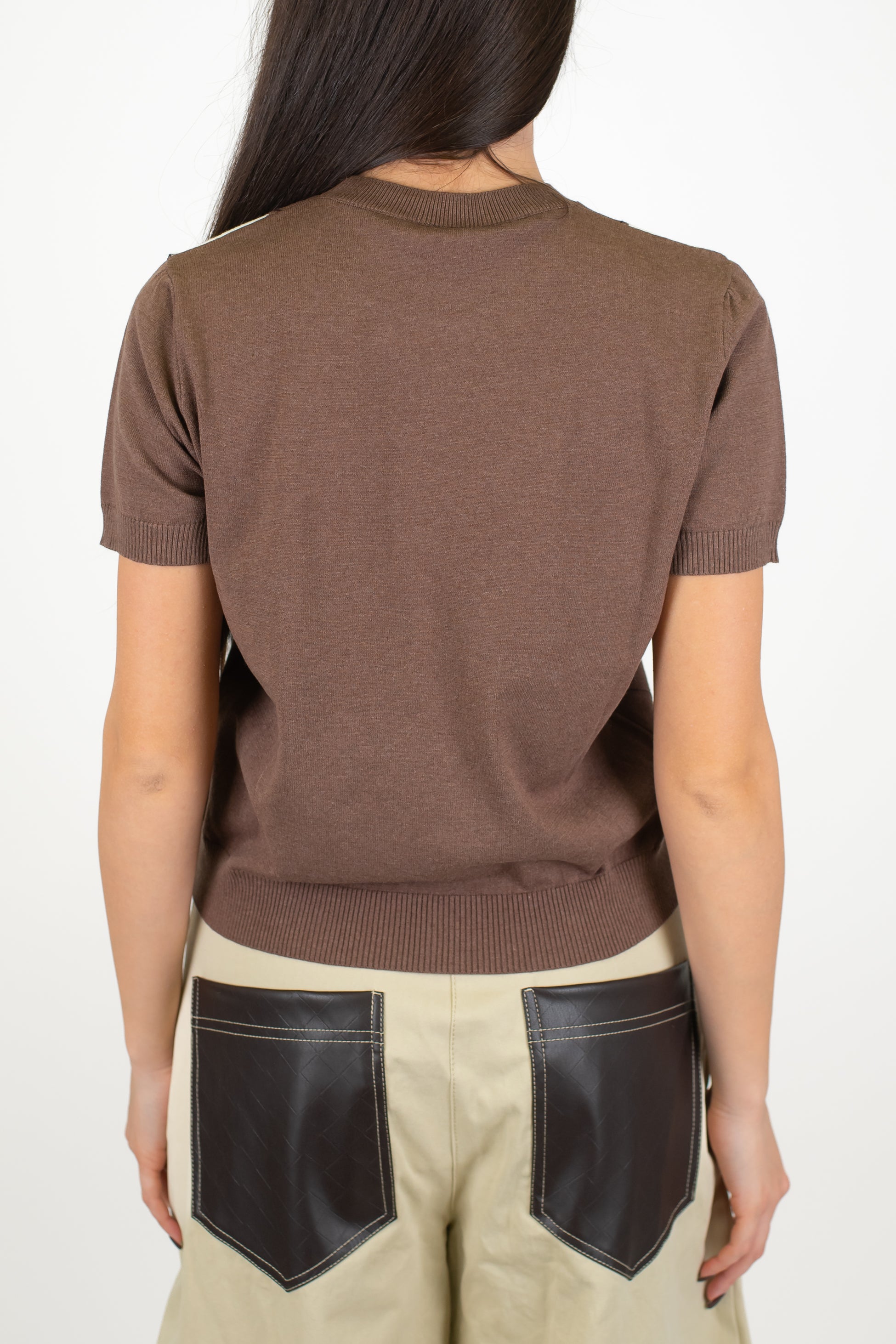 Motel - Maglia mezzamanioca crop fantasia rombi a contrasto in viscosa leggera