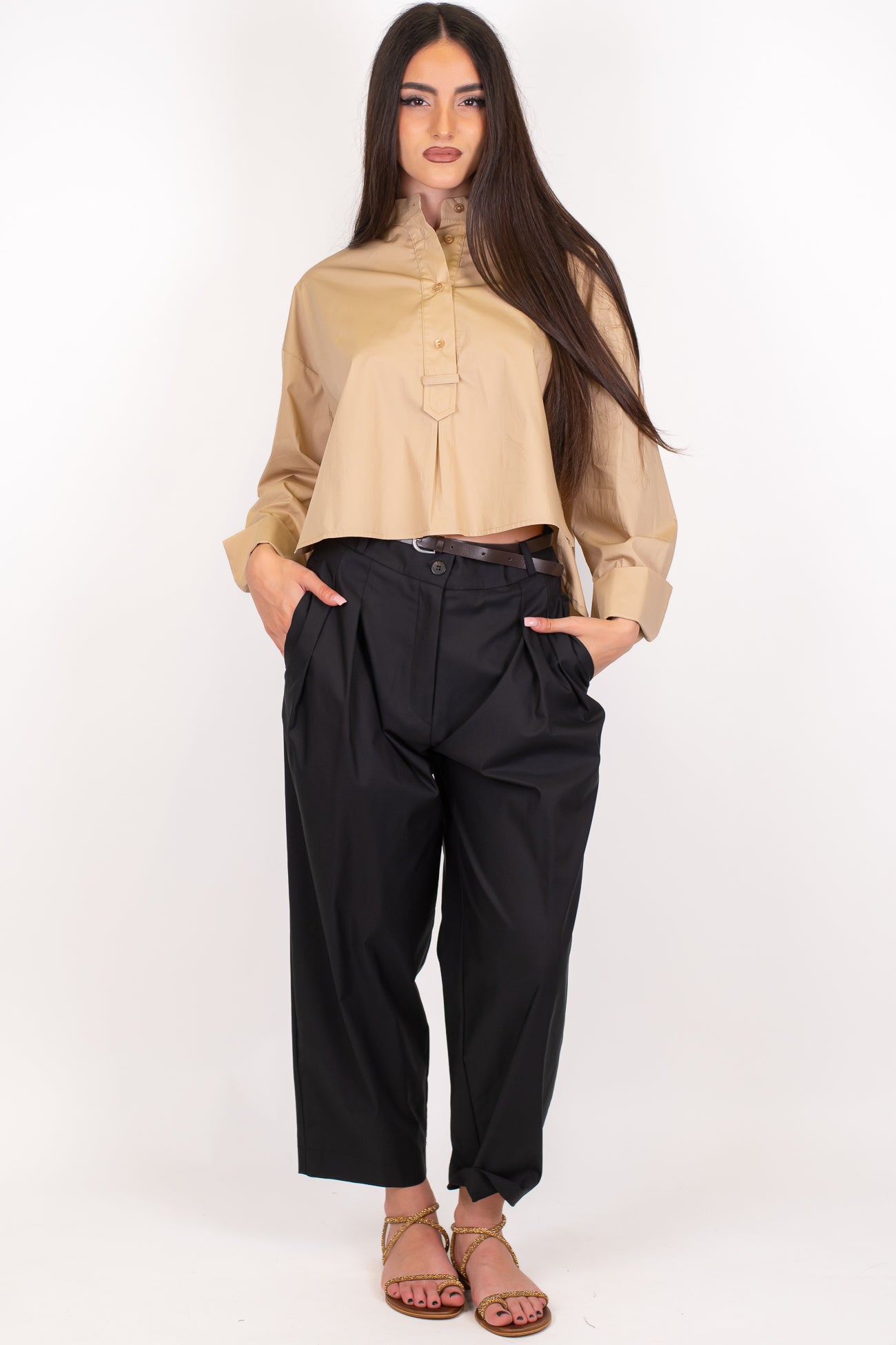 Tensione in - Camicia collo alla coreana in cotone tela paracadute