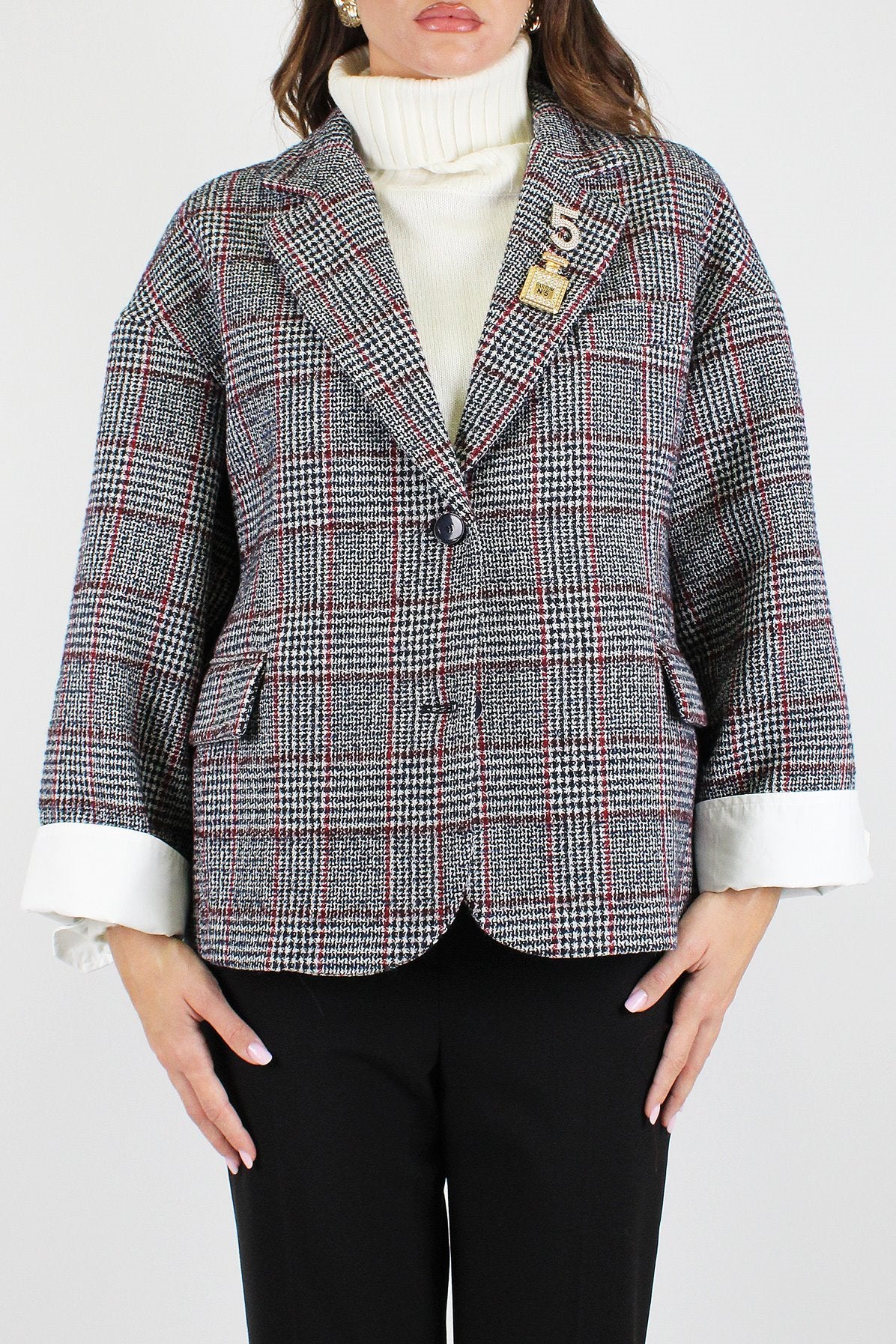 Motel - Giacca over check pied de poule in misto lana con polsino camicia risvoltato
