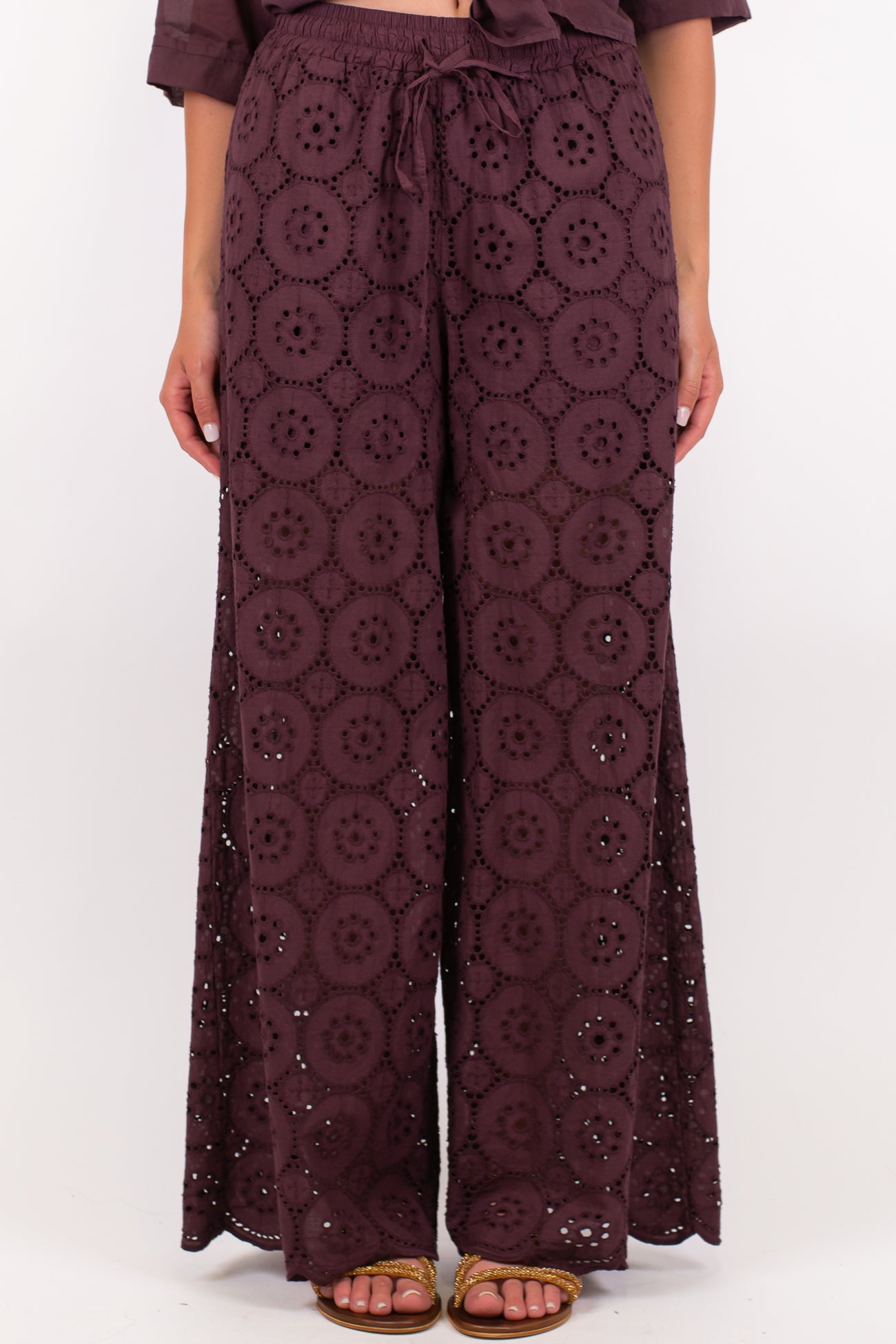 Haveone - Pantalone palazzo in pizzo sangallo con coulisse