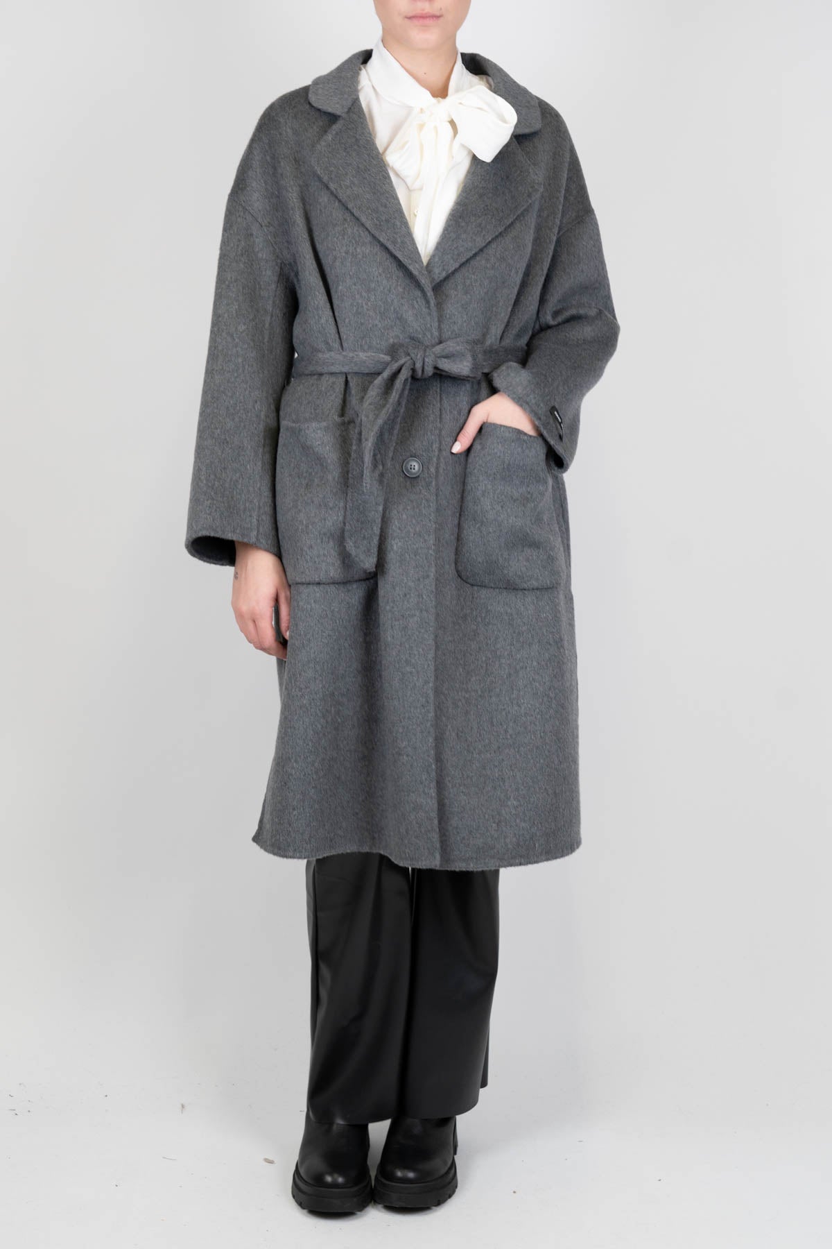 Haveone - Cappotto modello vestaglia in misto lana con tasconi frontali