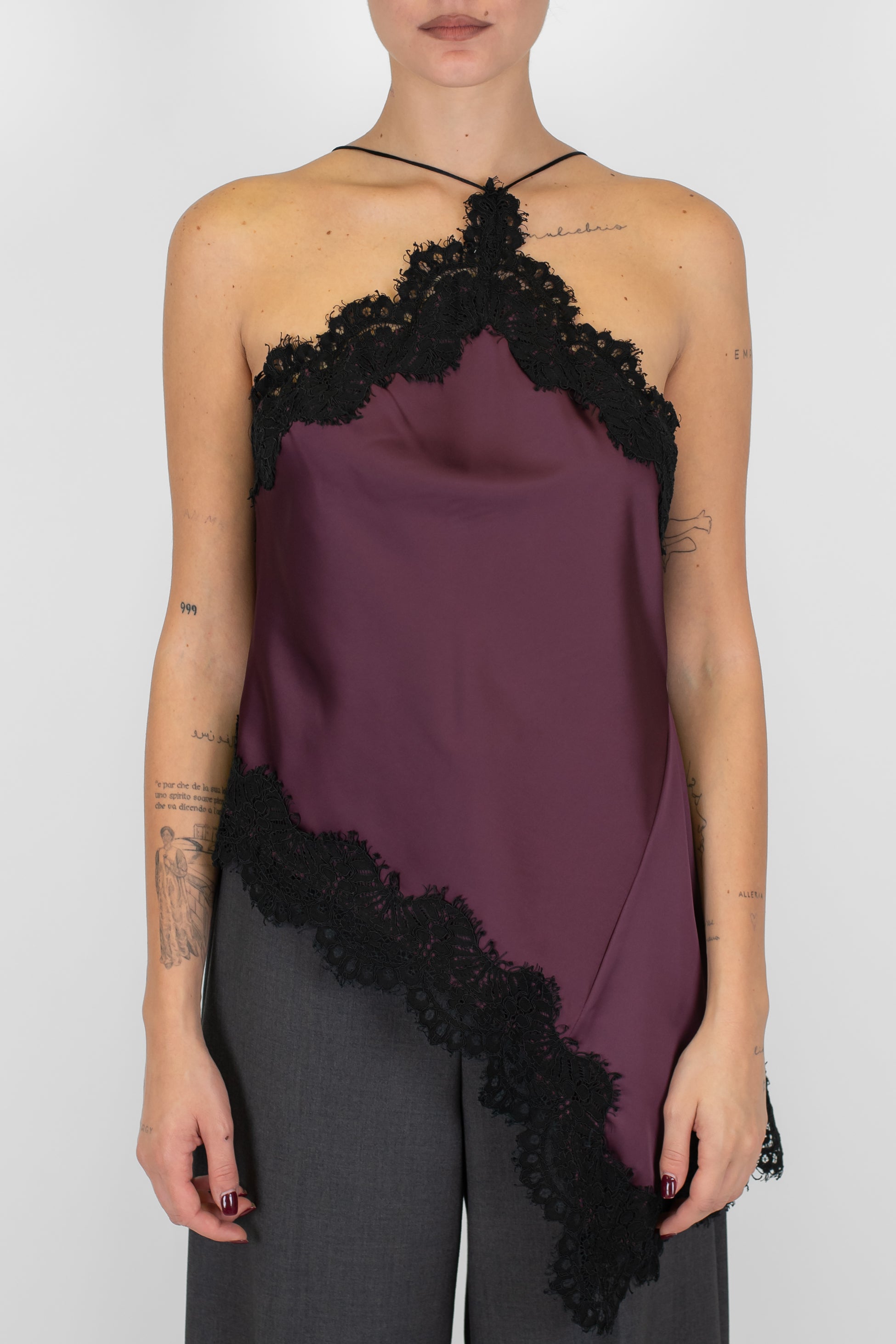 Motel - Top asimmetrico in satin con orli in pizzo a contrasto