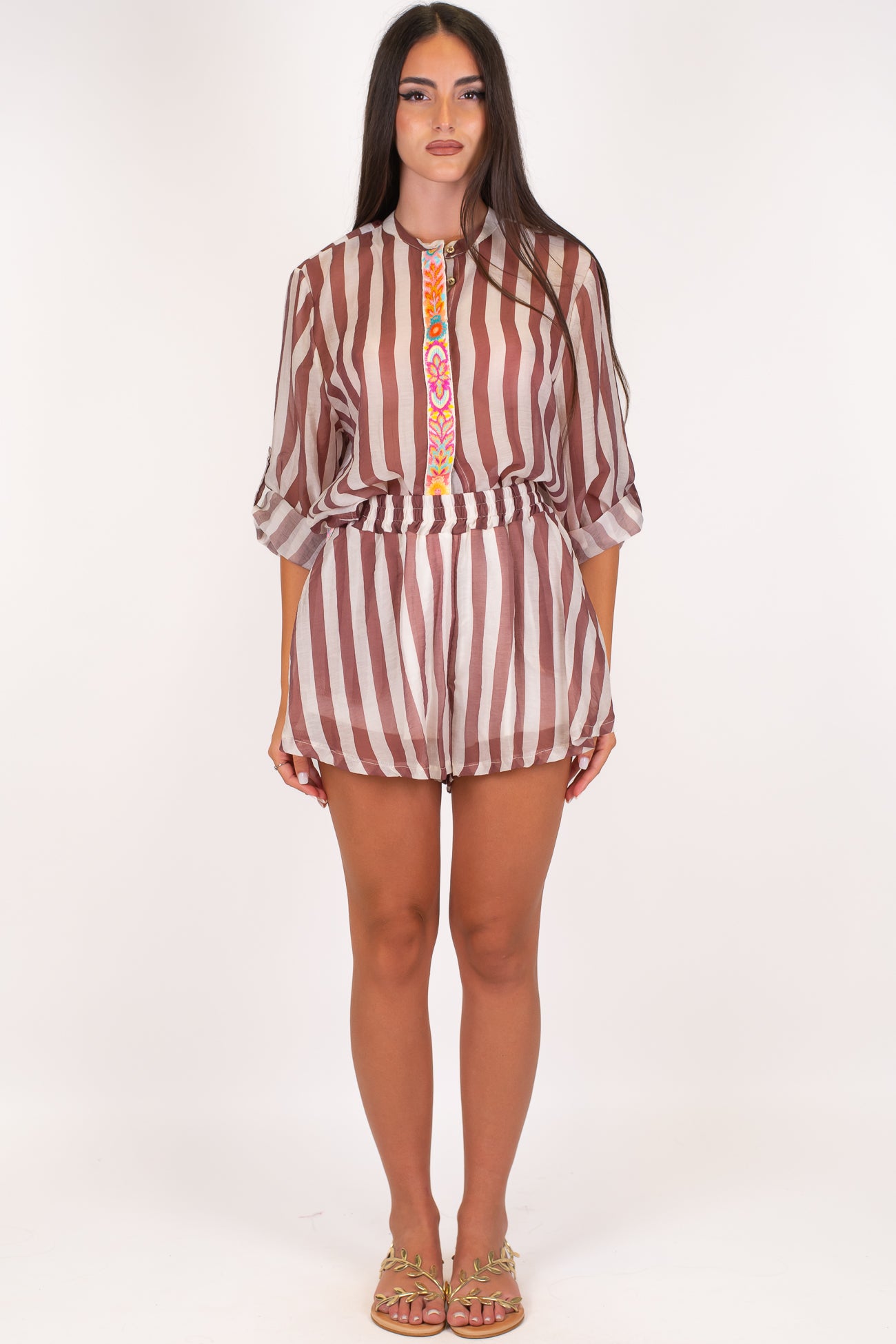 Tensione in - Coordinato camicia e shorts fantasia a righe in lyocell con profilo a contrasto floreale