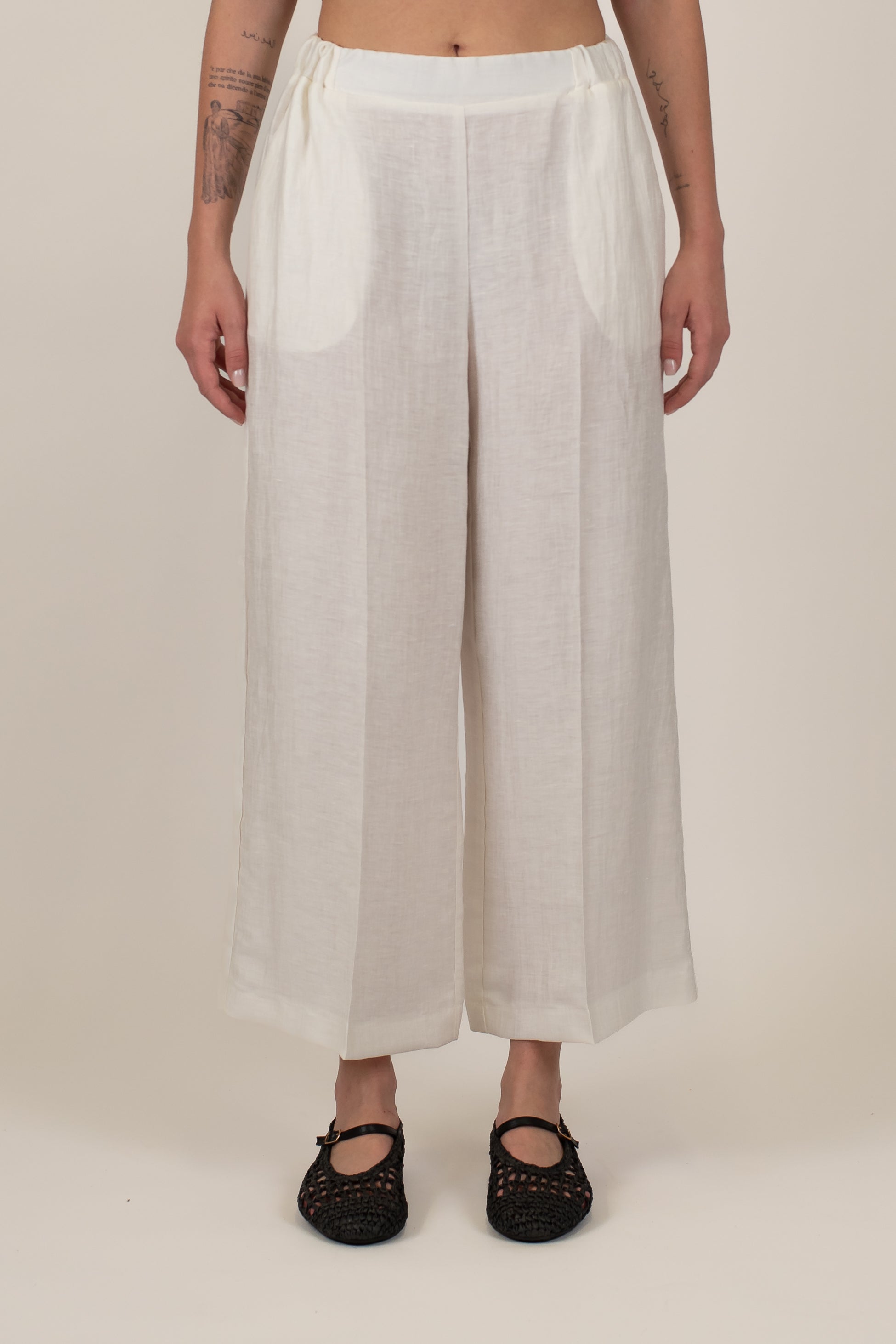 Maryley - Pantalone regular in lino con ricami ed elastico in vita