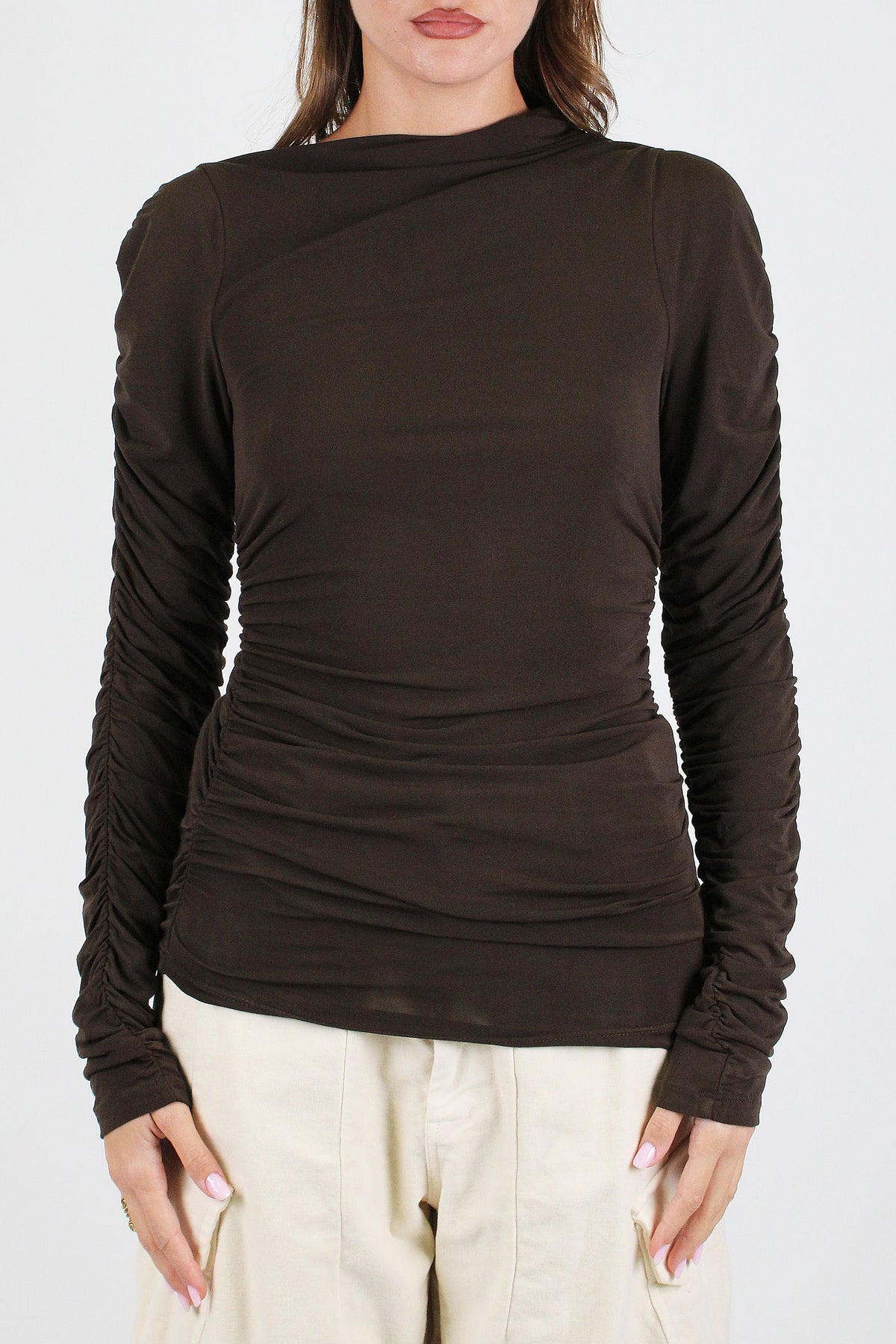 Haveone - Maglia basic in modal con scollo a barca e arriccio su manica e fianco
