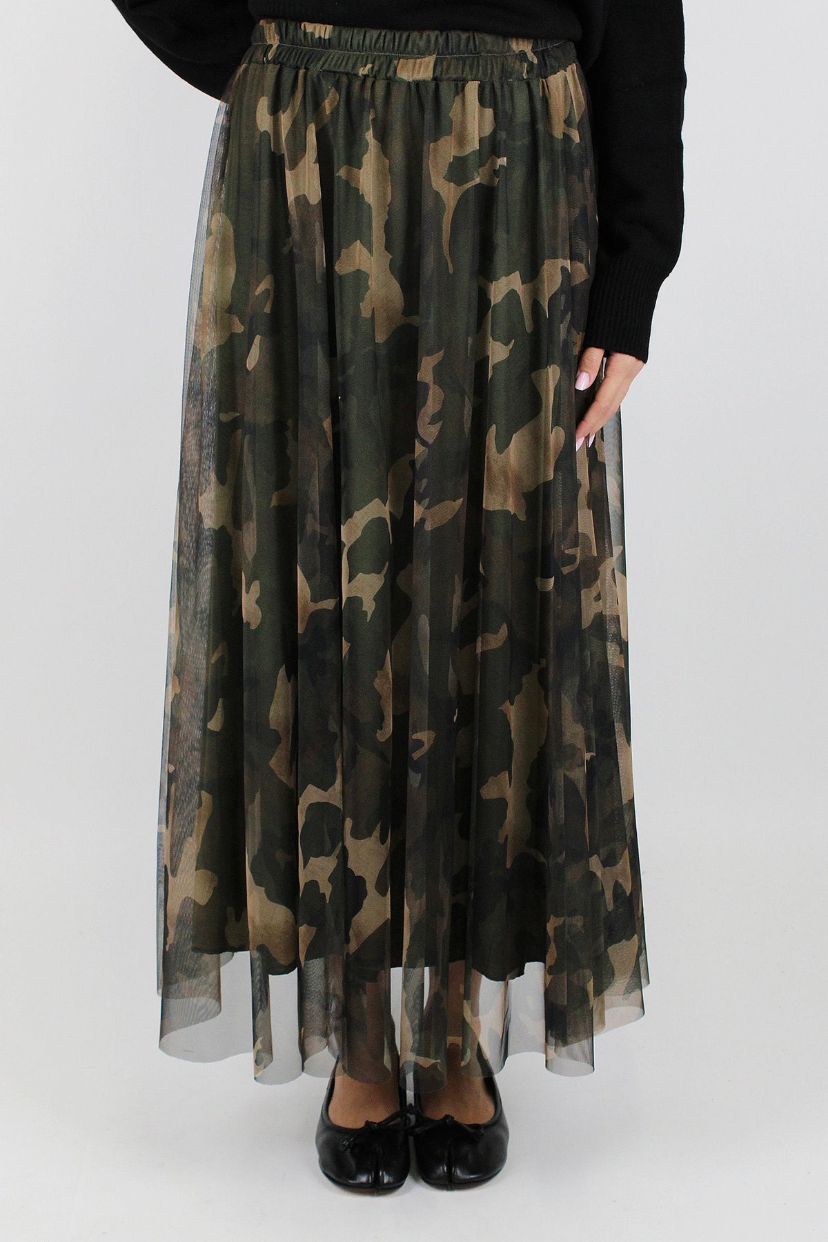 Tensione in - Gonna in tulle fantasia camouflage con elastico in vita