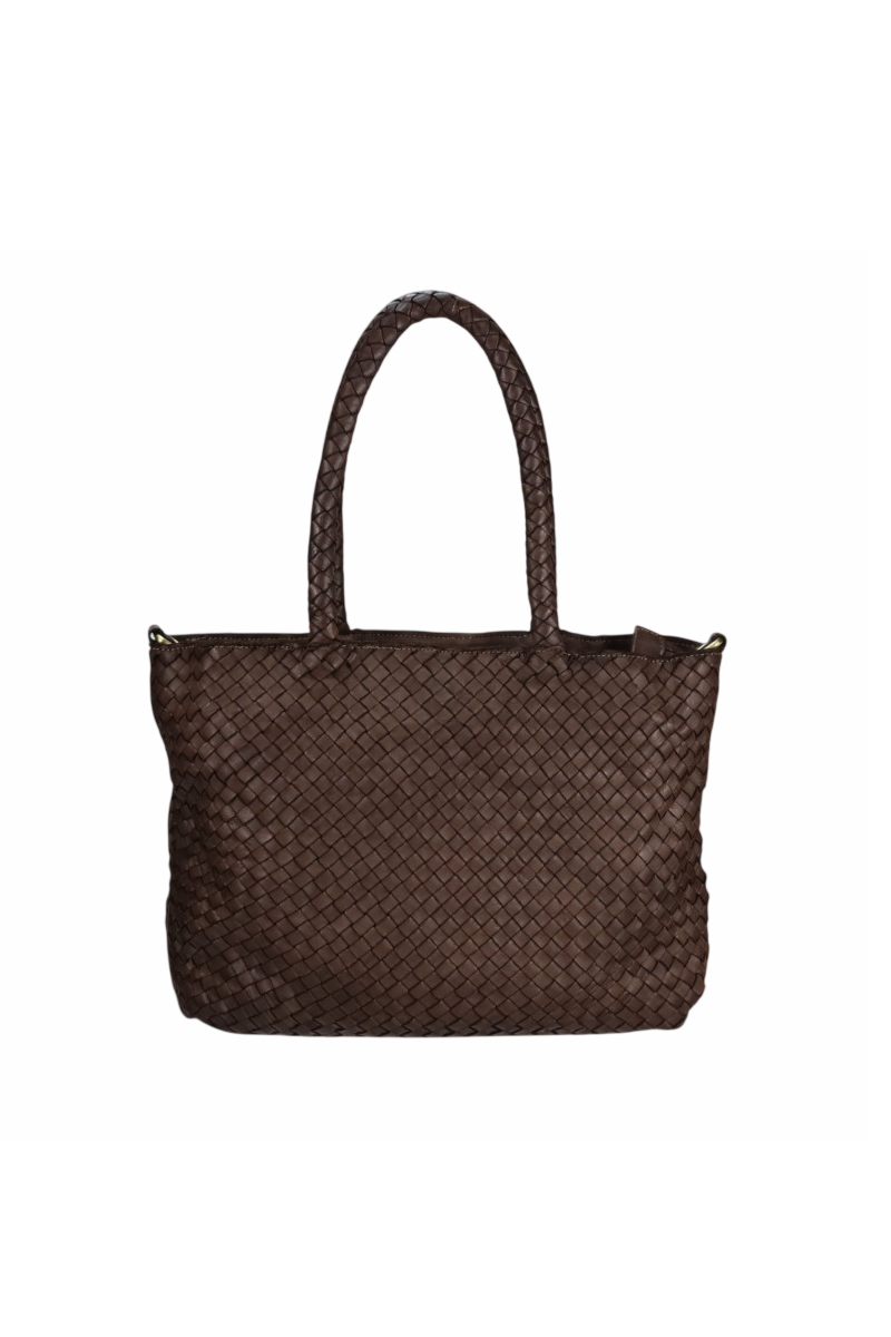 Borsa media in pelle intrecciata con manici e traccolla