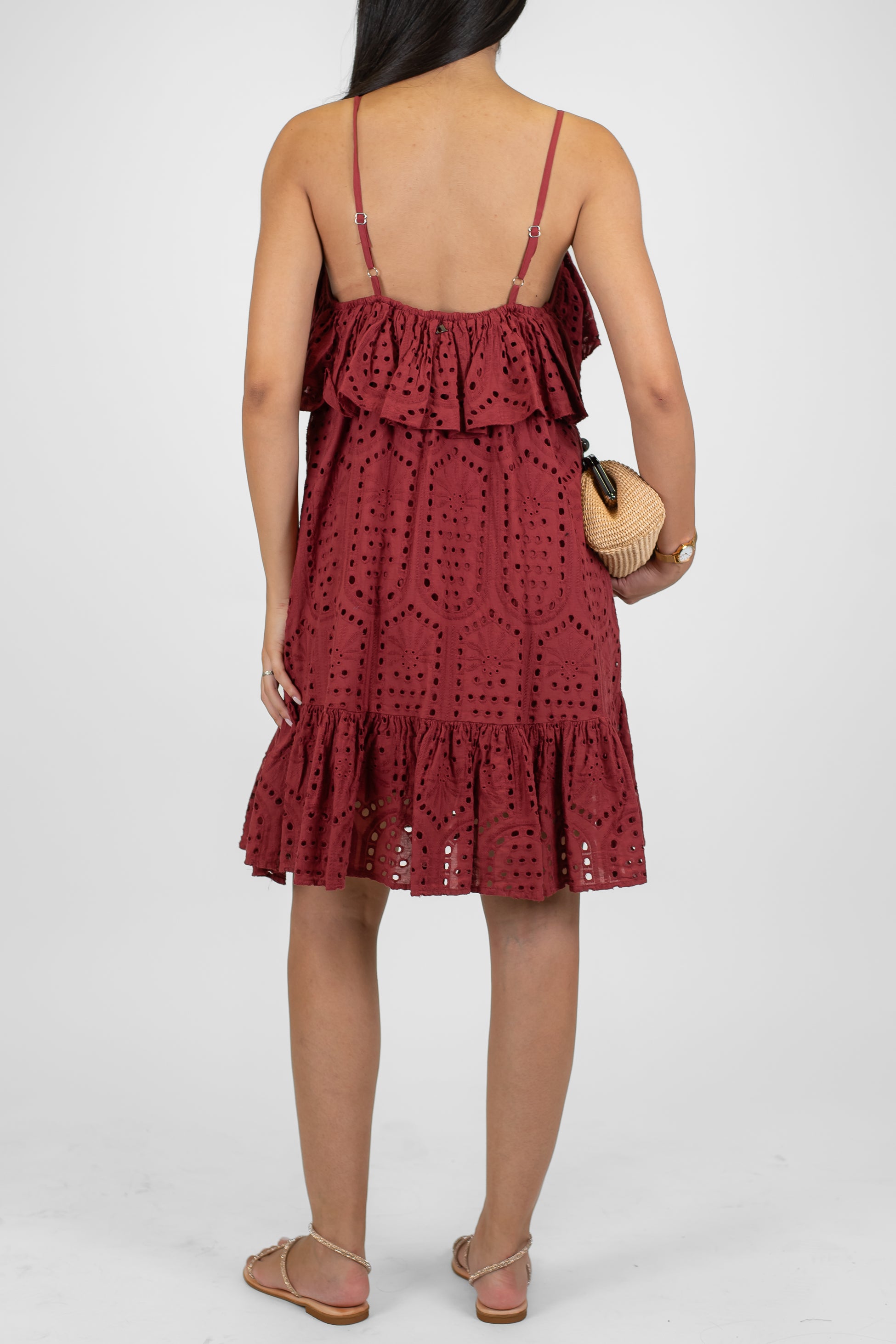 Dixie - Abito corto in pizzo sangallo con bretelle e balze