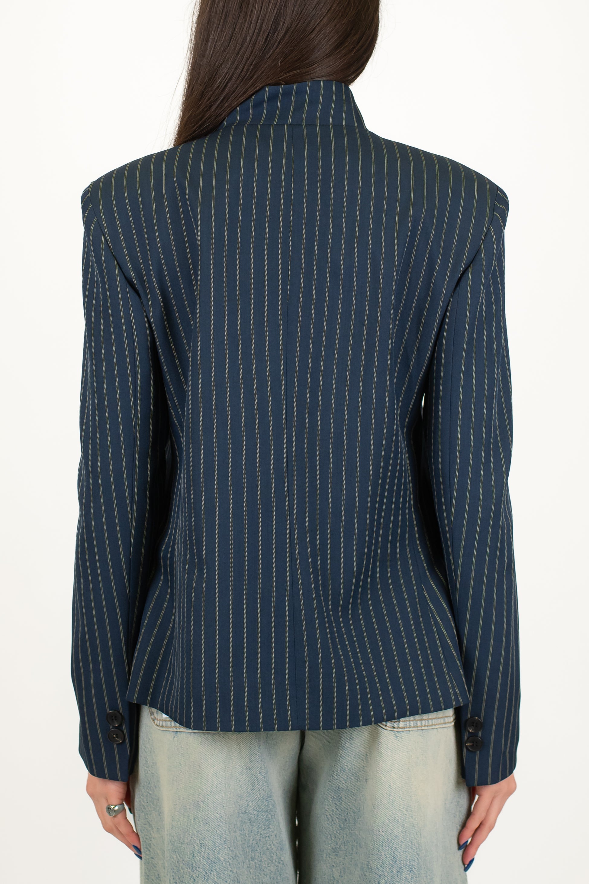 Haveone - Giacca coreana gessata con chiusura superiore asimmetrica e spalline