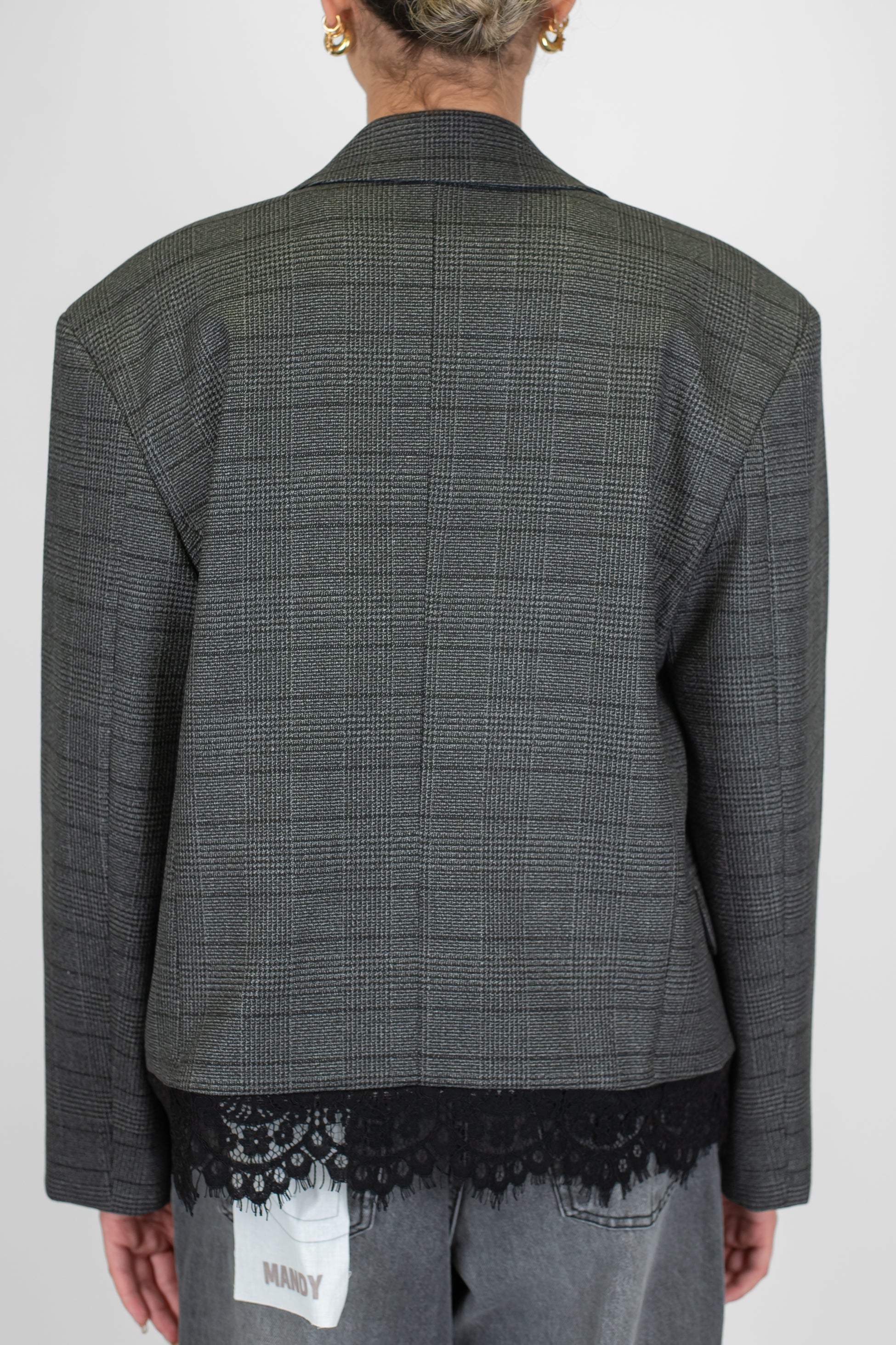 Tensione in - Giacca doppiopetto a scatola fantasia check con spalline e pizzo sul fondo