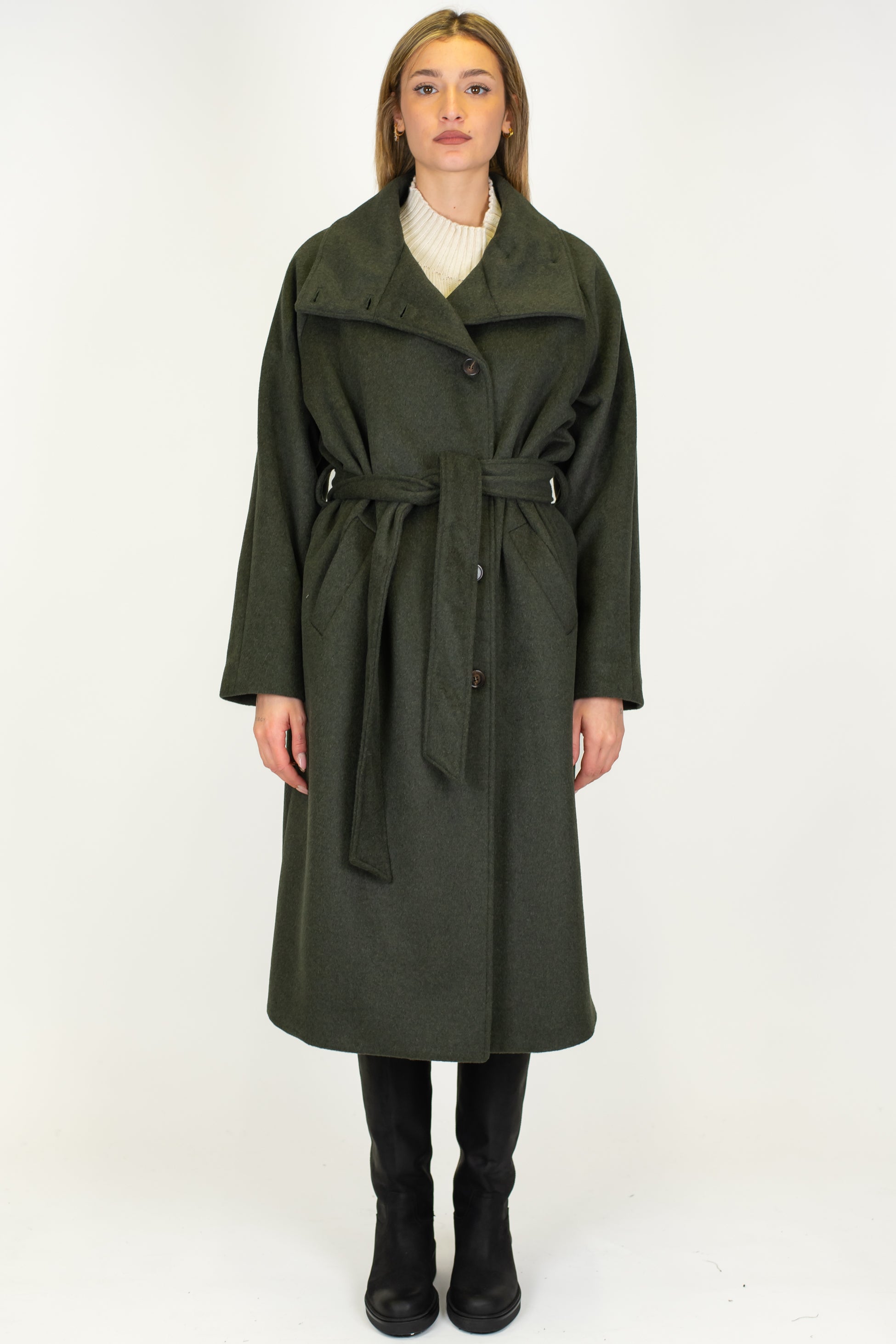 Tensione in - Cappotto lungo collo alto in misto lana con cintura in tessuto