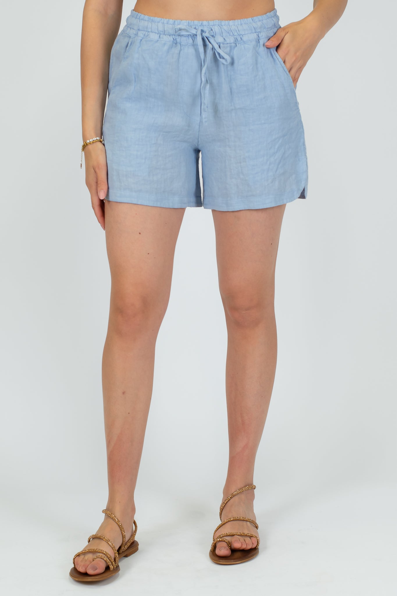 Tensione in - Short 100% lino con elastico in vita