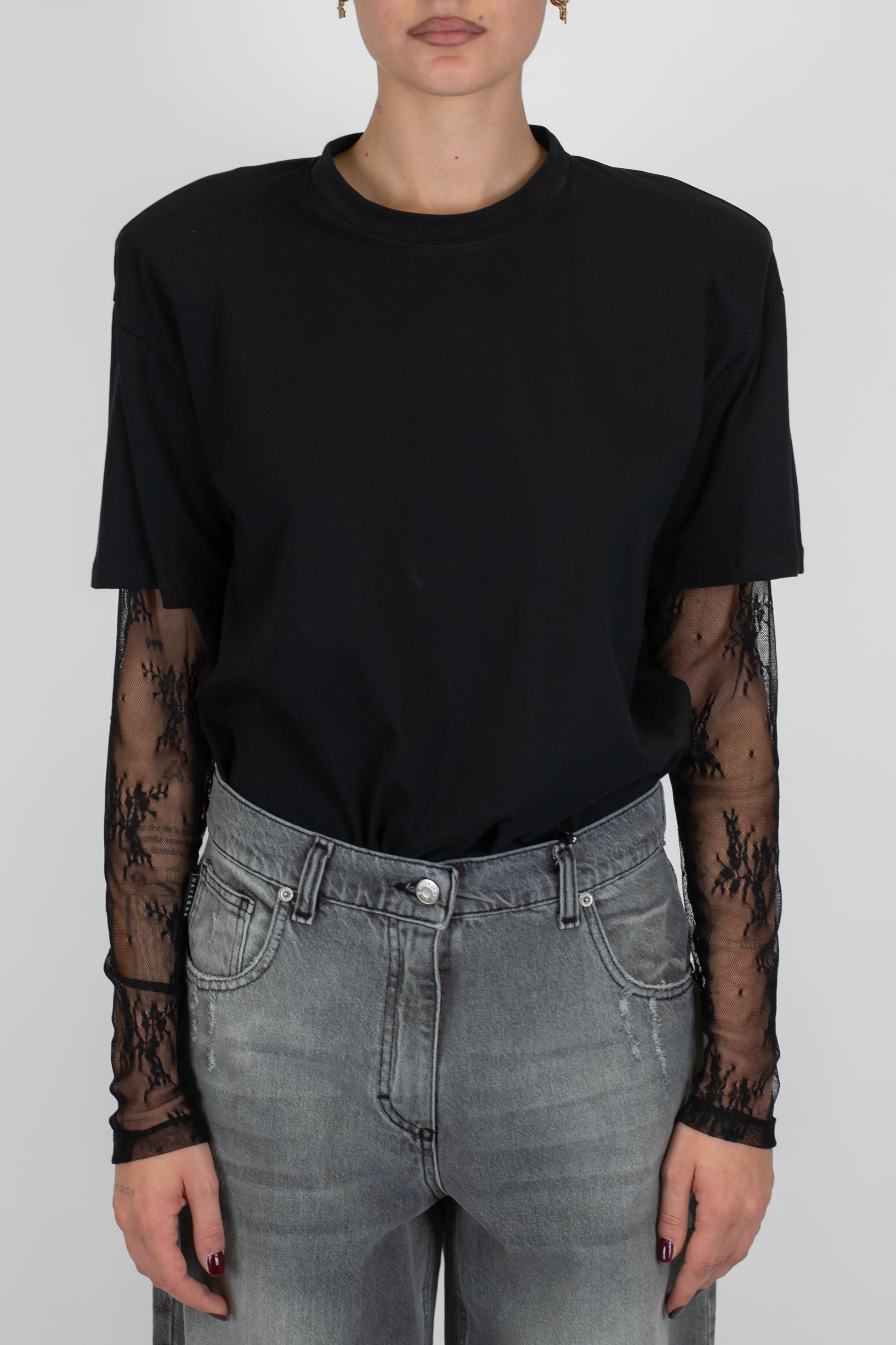 Dixie - T-shirt girocollo in cotone con spalline e maniche in pizzo