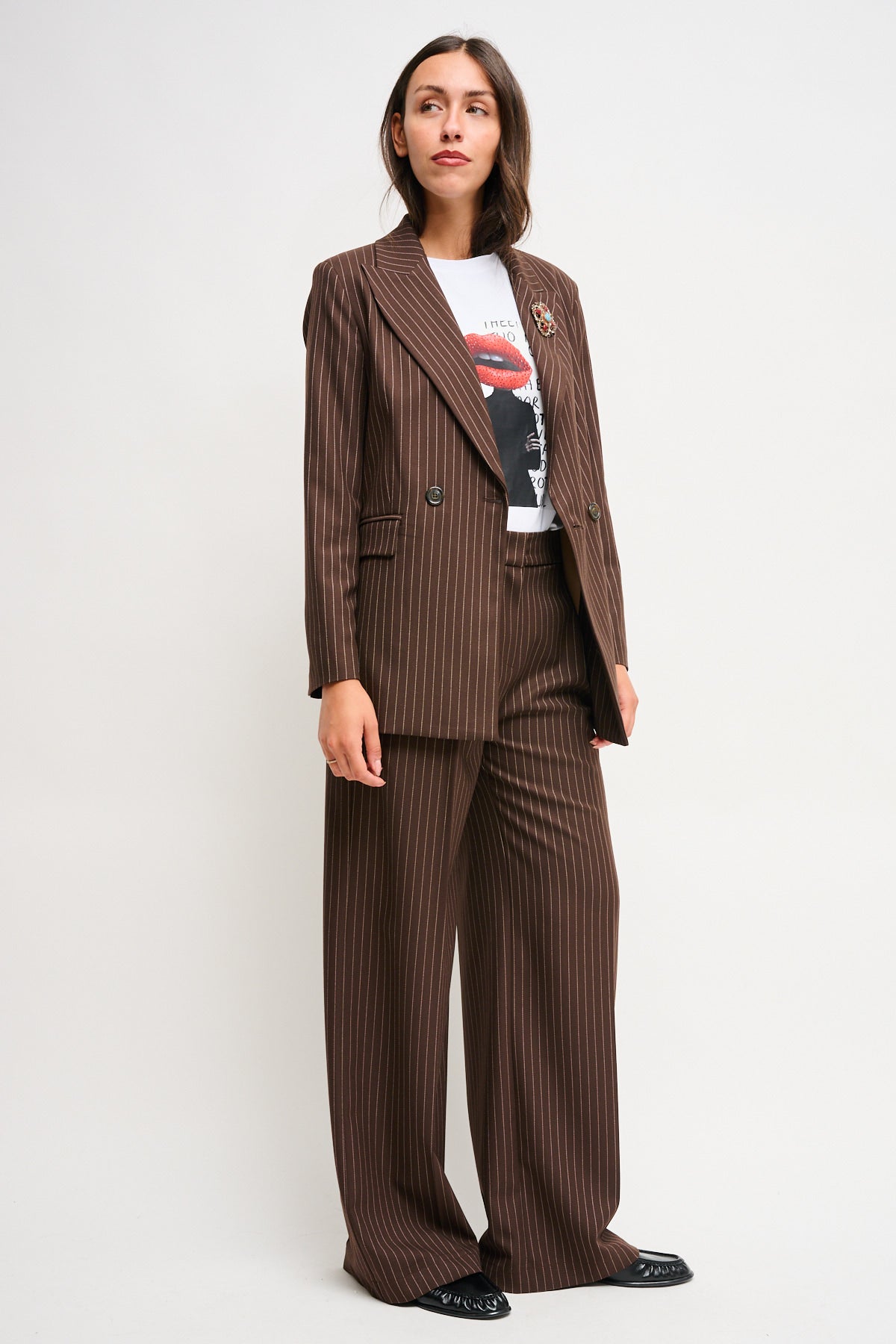 Maryley - Pantalone palazzo gessato con elastico in vita