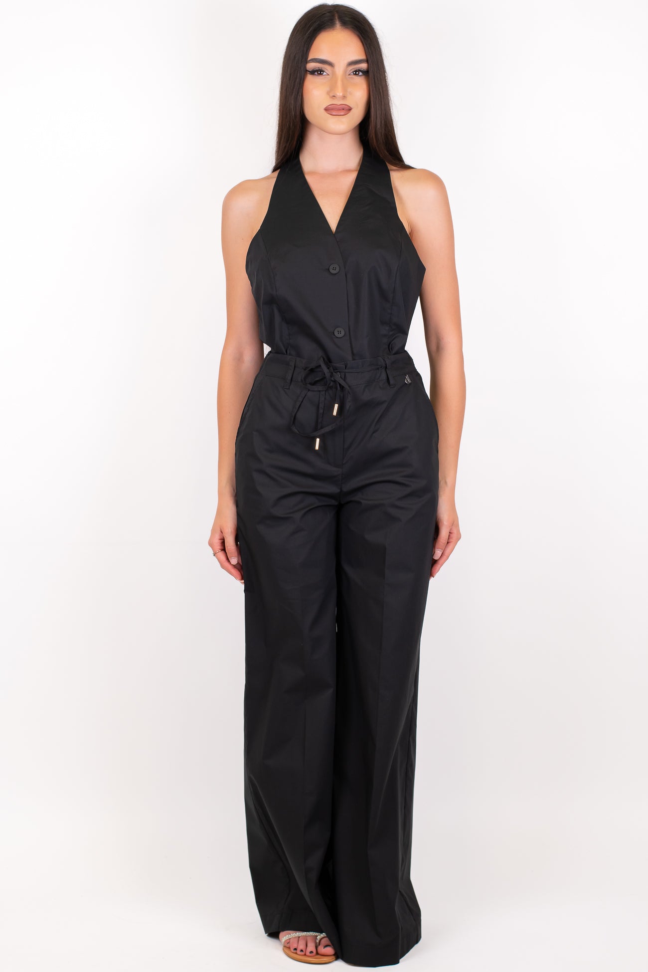 Dixie - Coordinato in cotone tela paracadute con top scollo americano e pantalone palazzo con elastico sul retro
