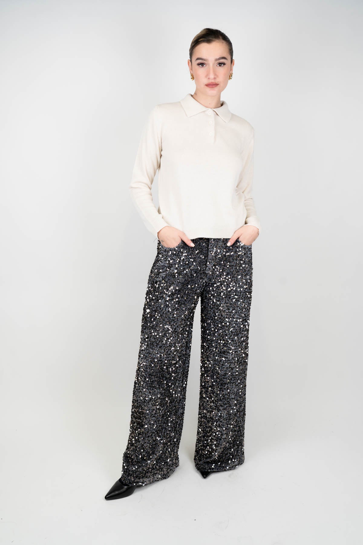 Tensione in - Pantalone palazzo paillettes con tasche