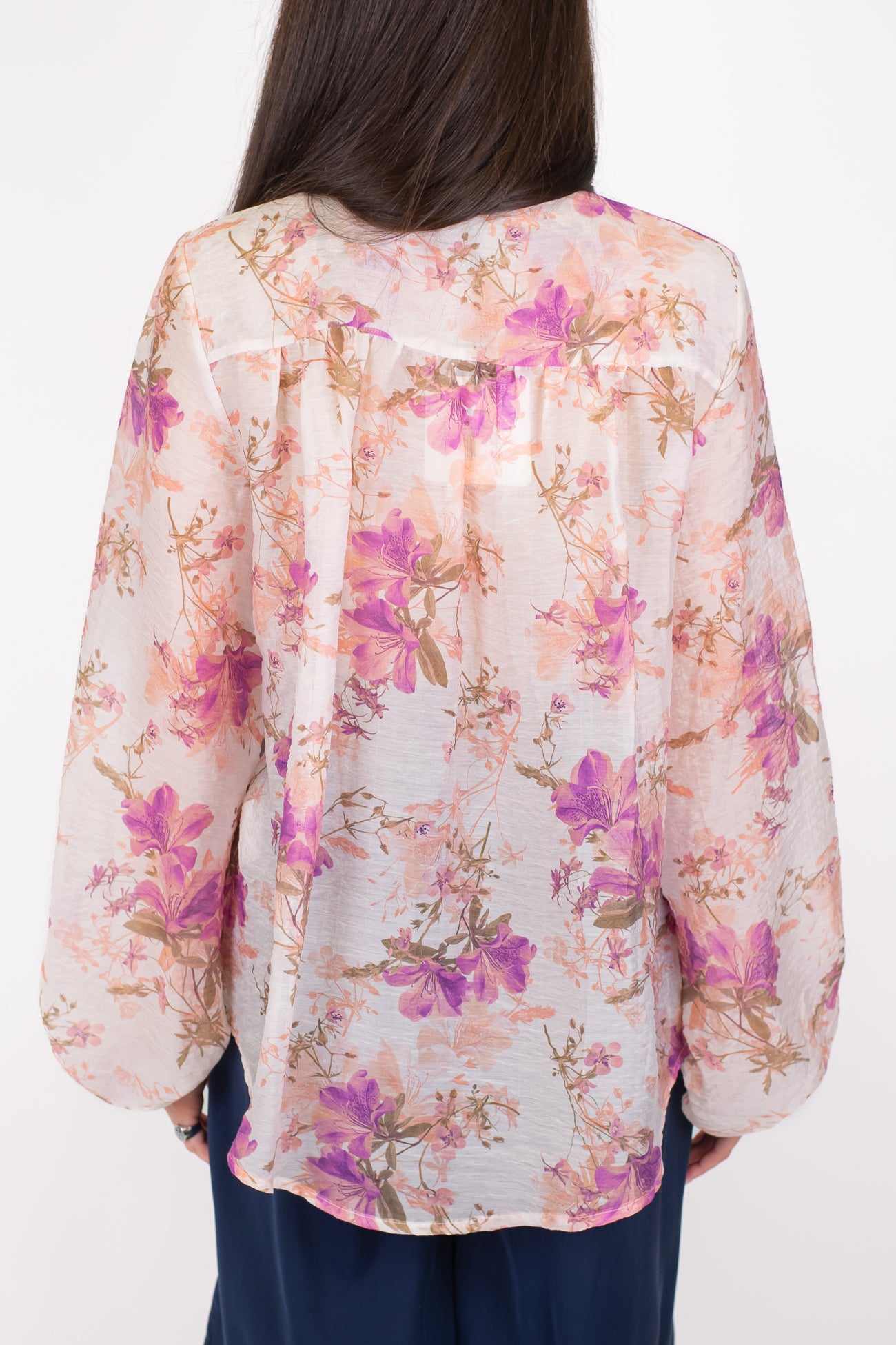Tensione in - Camicia fantasia floreale in mussola di cotone con collo coreano e laccio