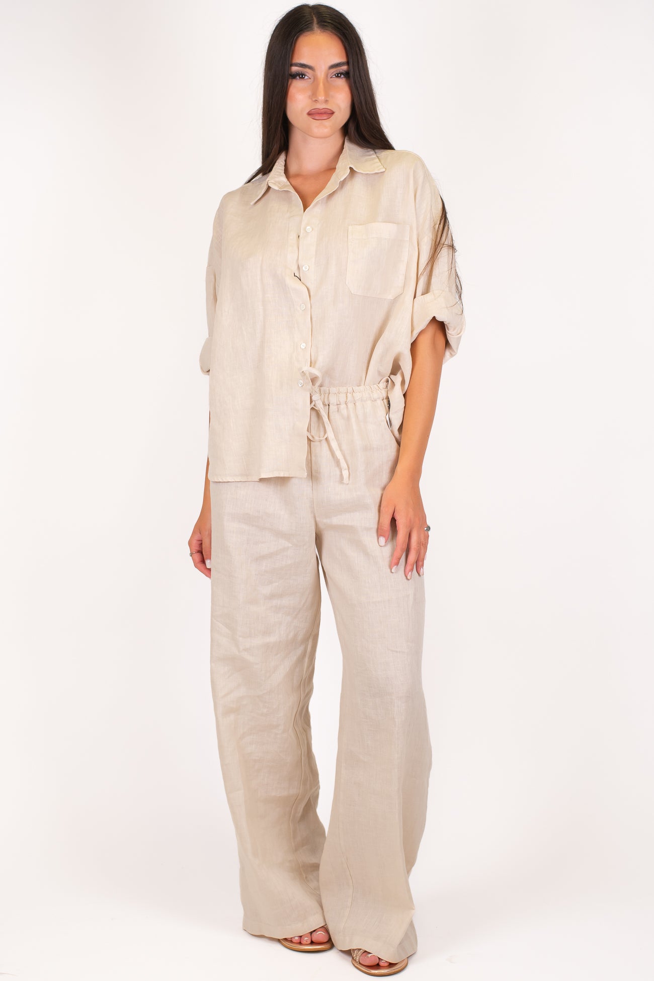 Dixie - Coordinato in puro lino camicia con taschino e pantalone palazzo con coulisse