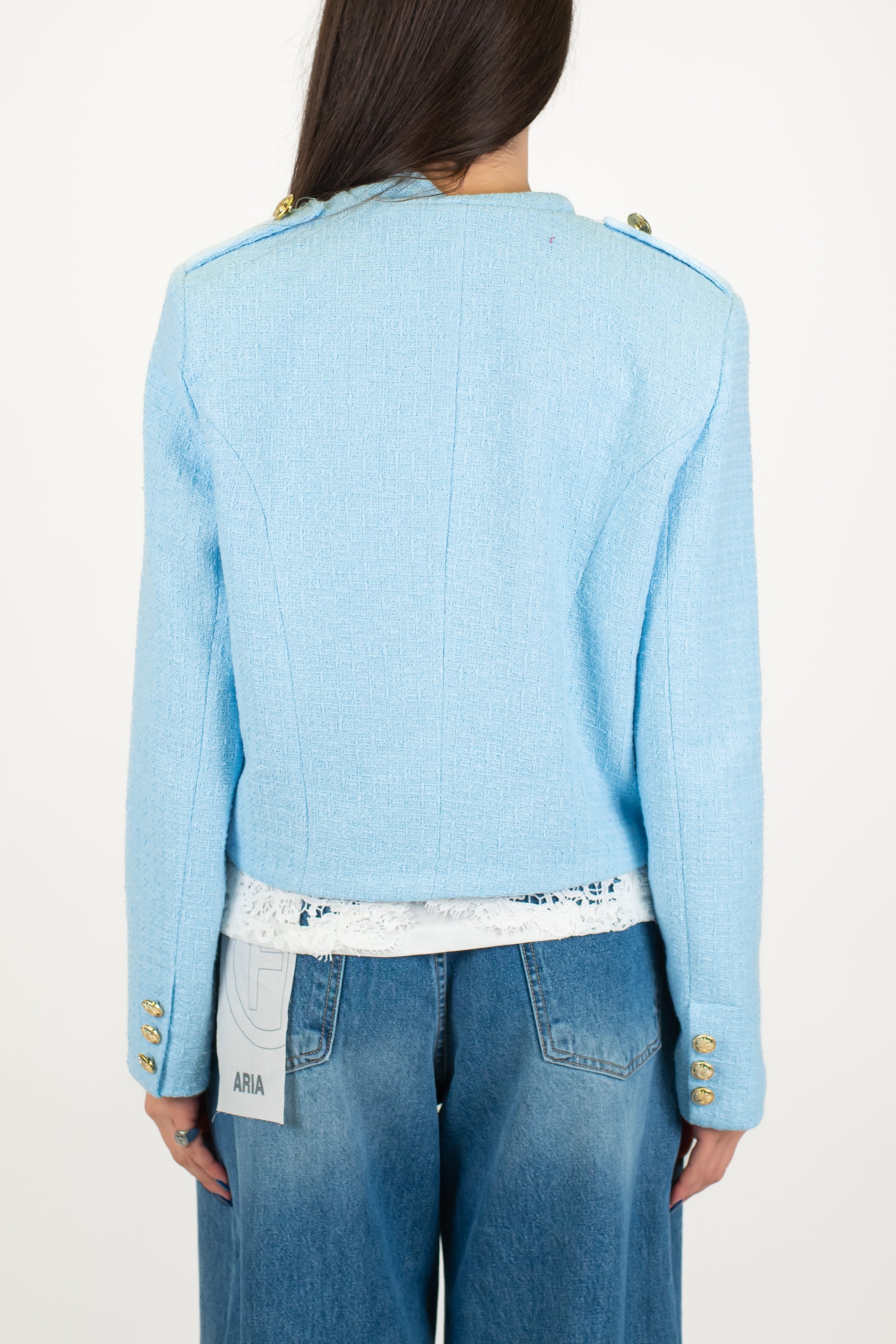 Motel - Giacca crop aperta in tweed modello napoleone con collo coreano