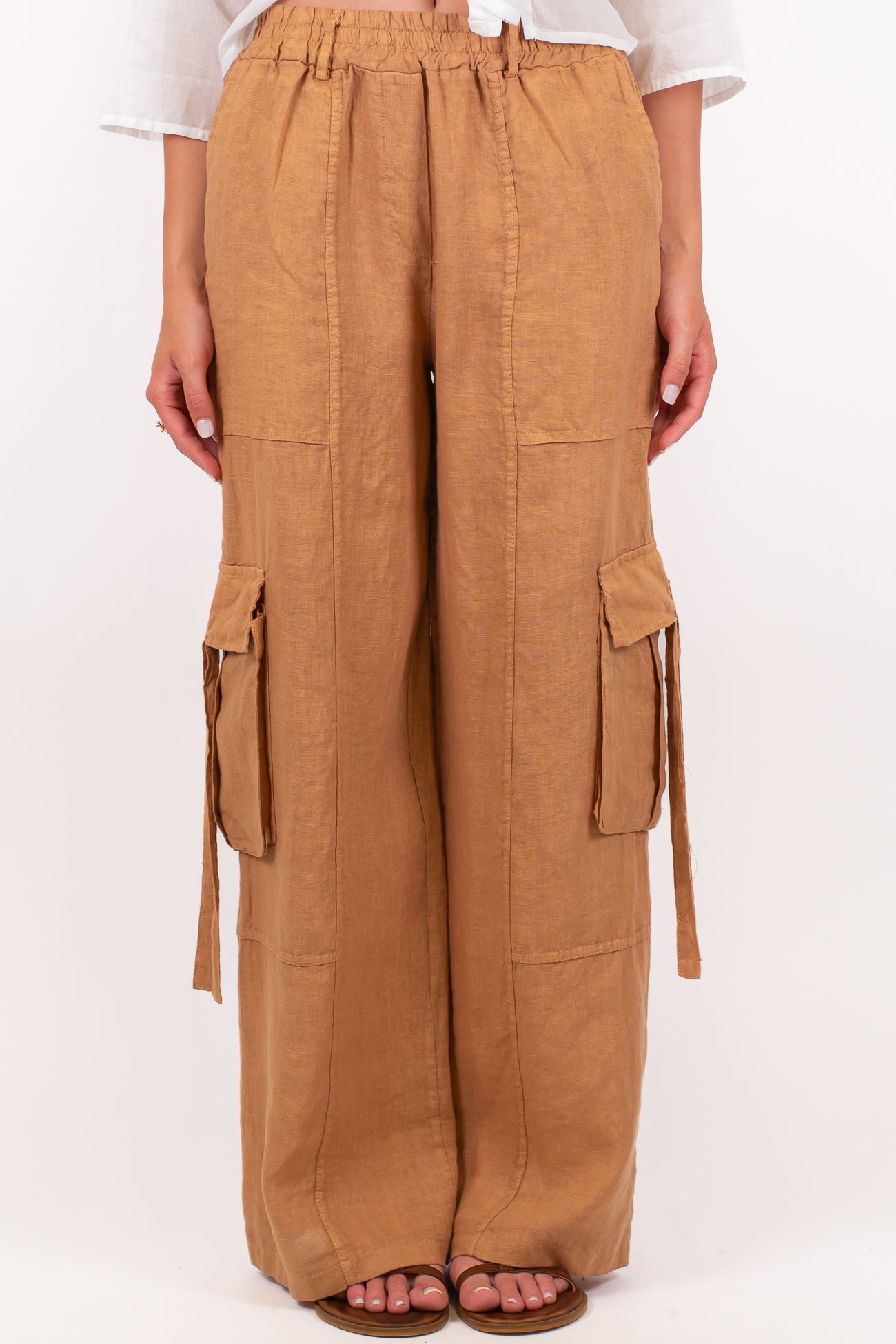 Haveone - Pantalone palazzo cargo in puro lino con elastico in vita