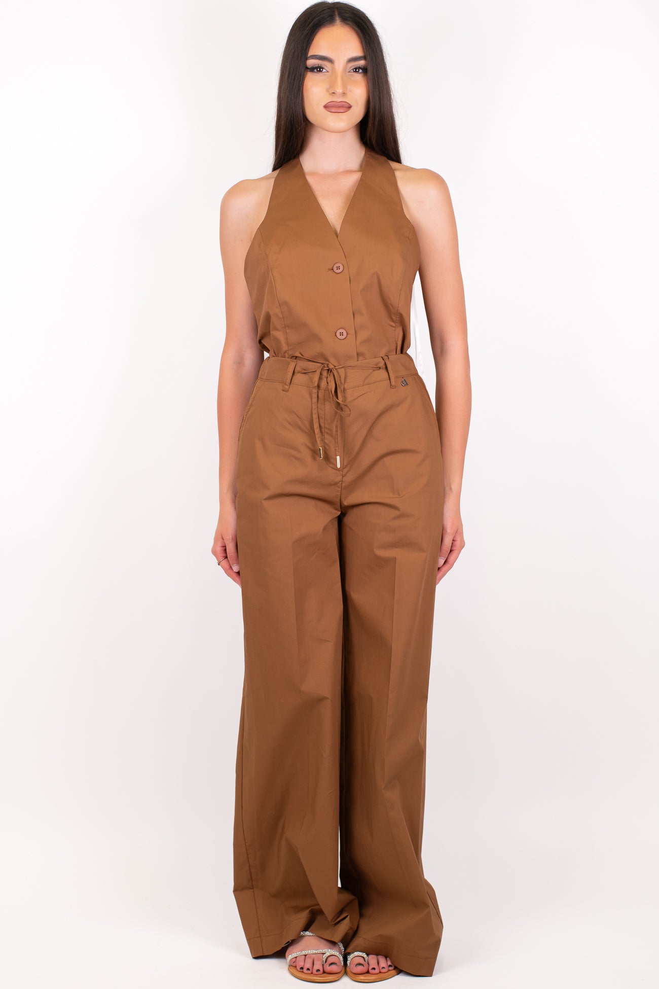 Dixie - Coordinato in cotone tela paracadute con top scollo americano e pantalone palazzo con elastico sul retro