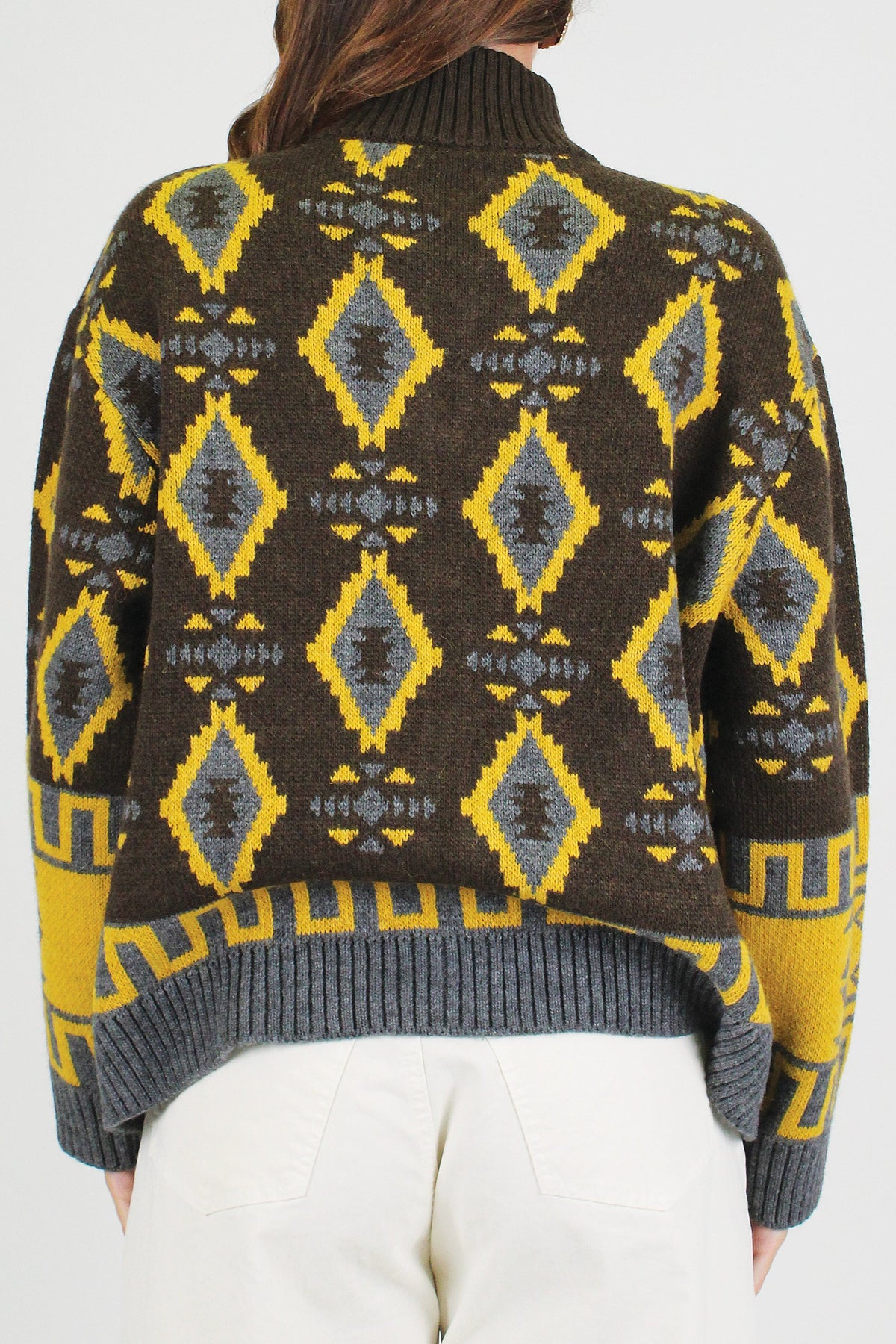 Tensione in - Cardigan fantasia etnica in misto lana con collo alto e chiusurza zip