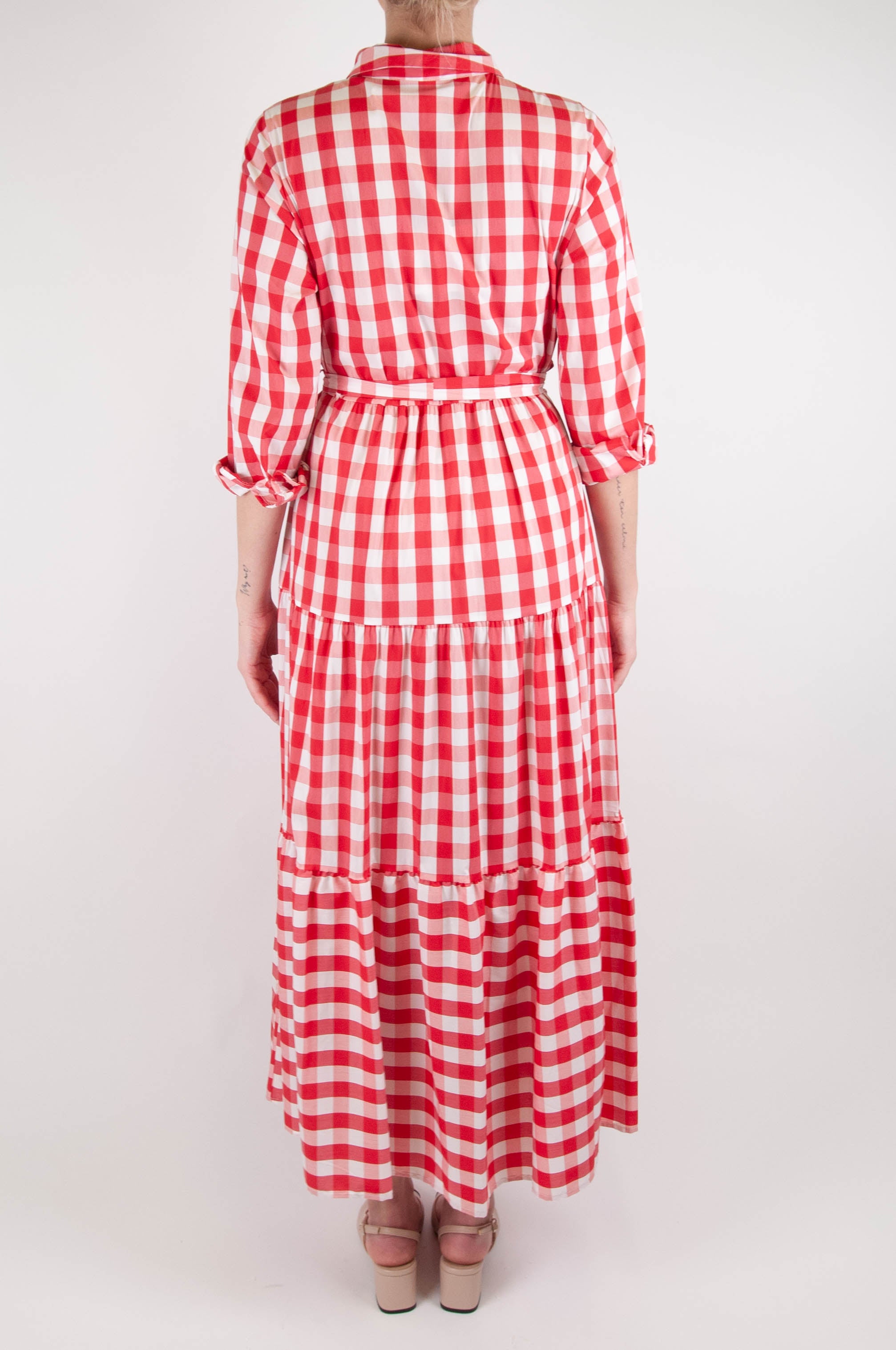 Tension in - Vichy patterned shirtdress with flounces and fabric belt
