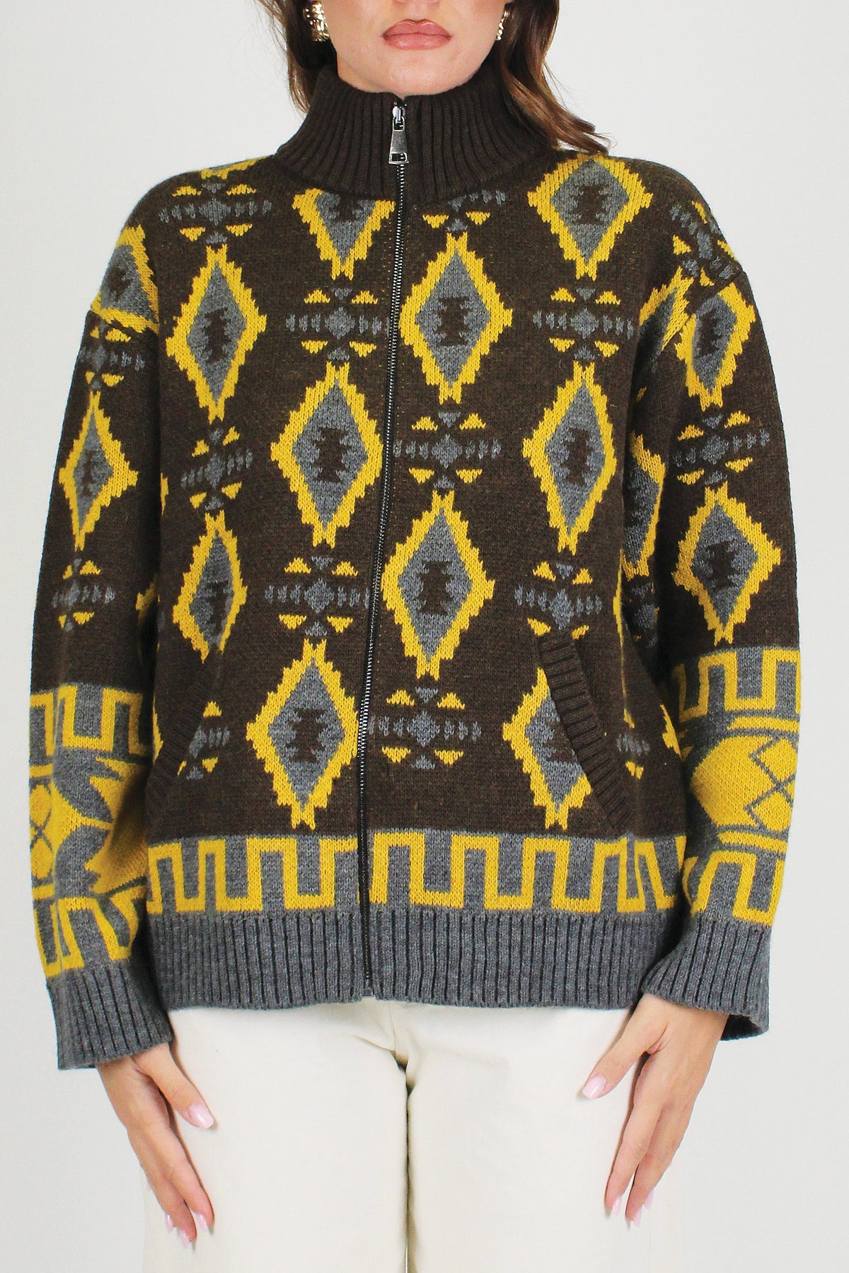 Tensione in - Cardigan fantasia etnica in misto lana con collo alto e chiusurza zip