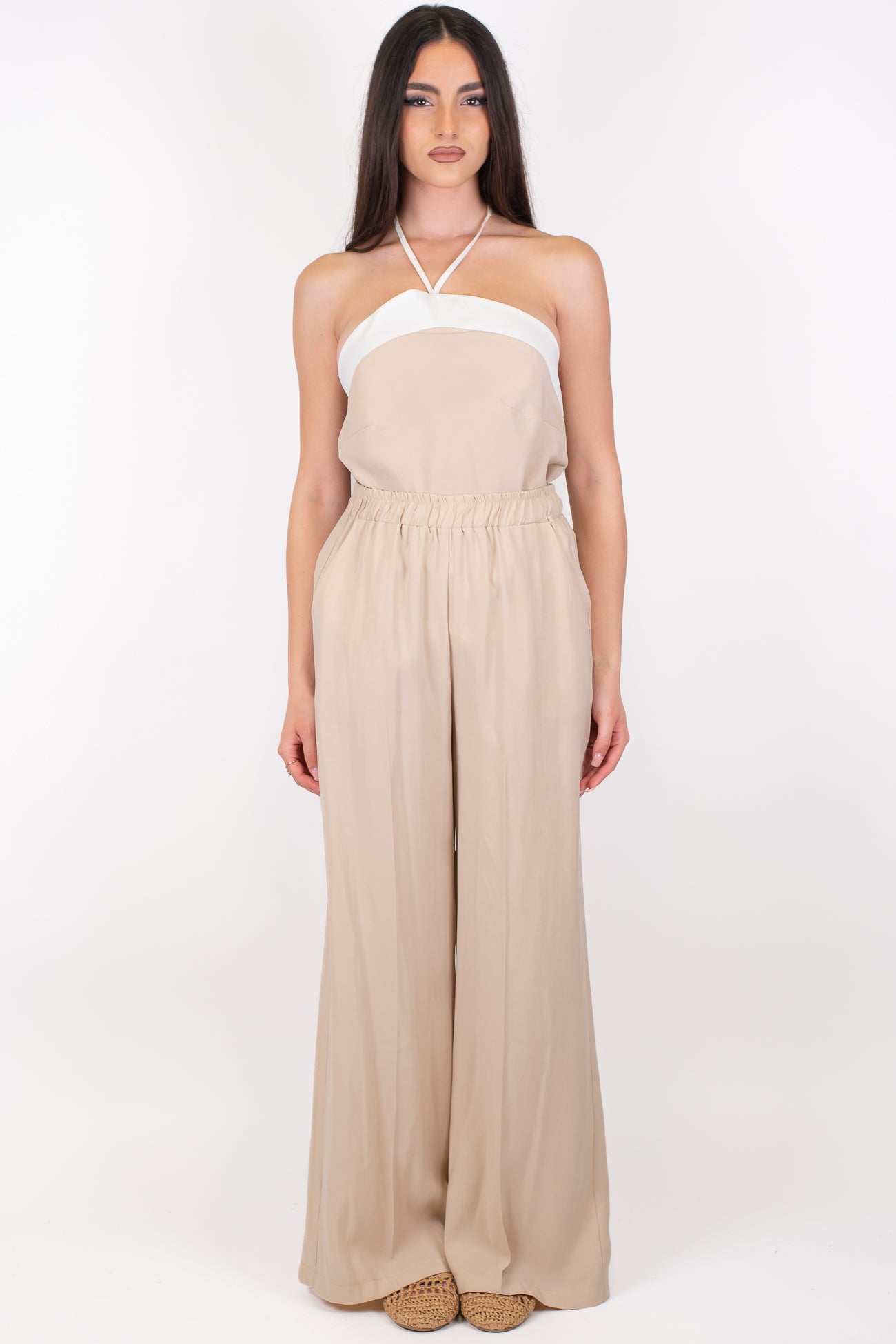 Maryley - Coordinato top scollo americano con profilo a contrasto e pantalone palazzo con elastico in vita