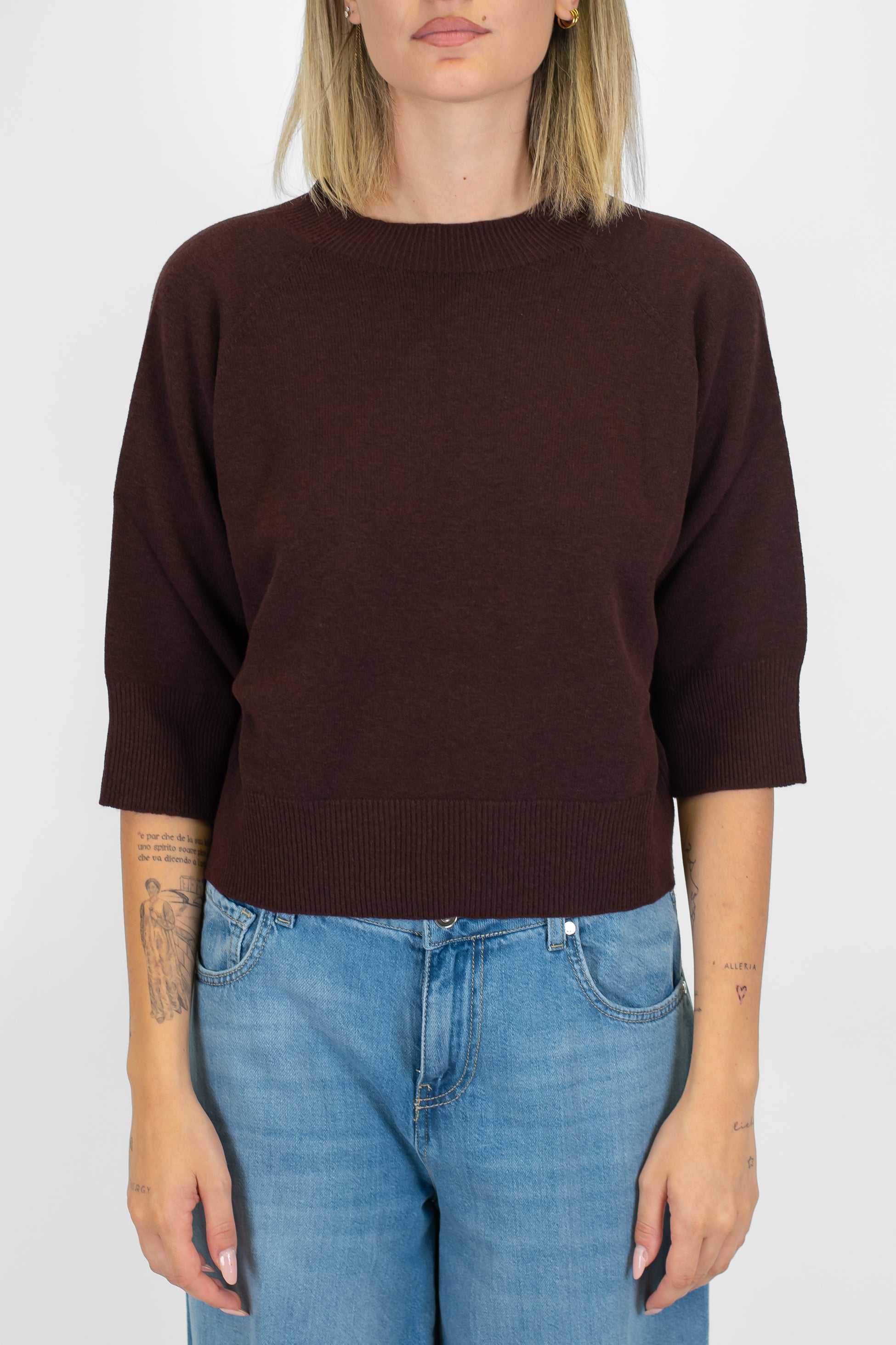 Kontatto - Maglia girocollo a coste in misto lana con manica tre quarti