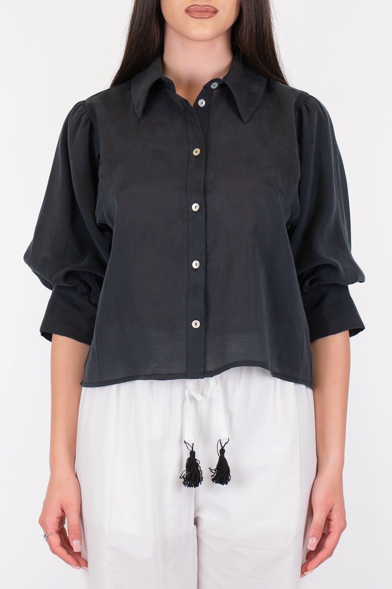 Motel - Camicia in lyocell con manica tre quarti a palloncino