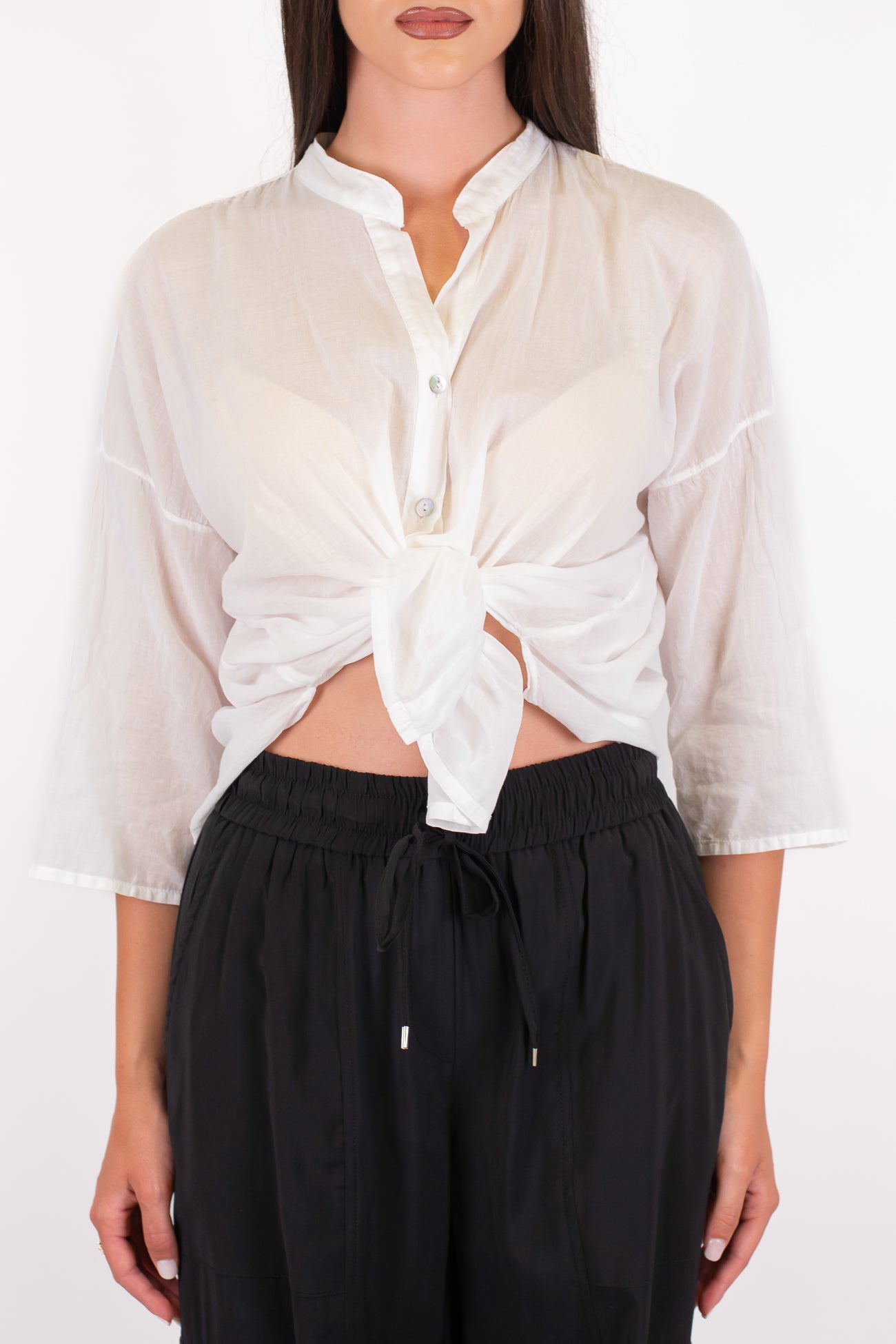 Haveone - Camicia mezzamanica in mussola di cotone con collo coreano