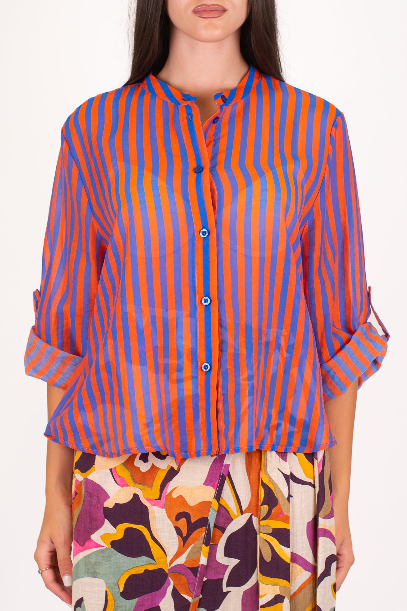 Haveone - Camicia a righe strette in lyocell con collo coreano e pinces sul retro