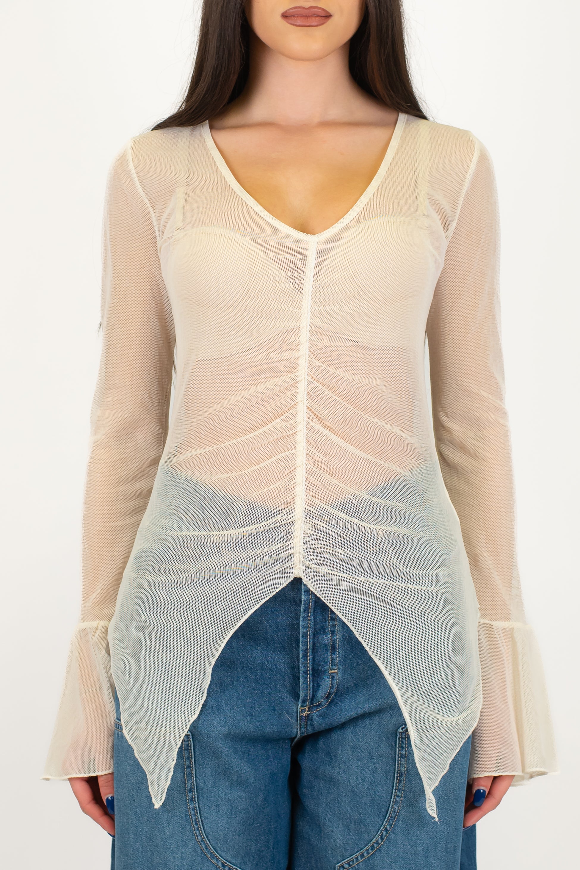 Haveone - Shirt a rete scollo a V con manica a campana e apertura sul fondo