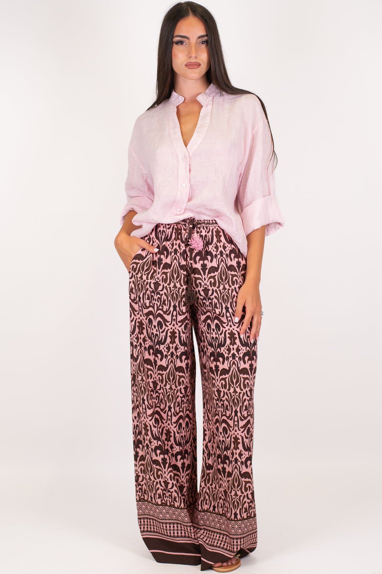 Tensione in - Pantalone palazzo fantasia etnica in viscosa leggera con coulisse