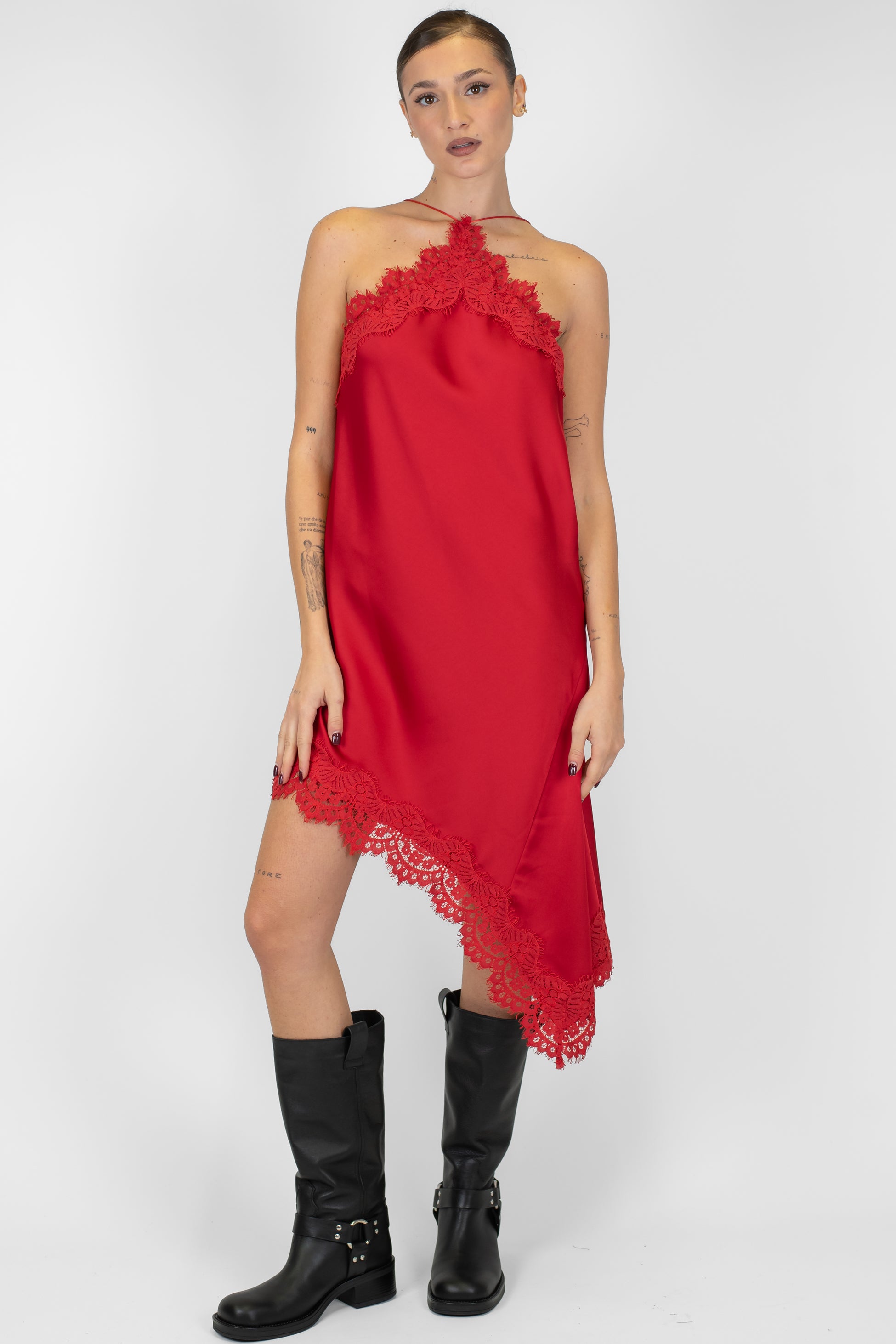 Motel - Abito corto in satin con profili in pizzo e asimmetria laterale