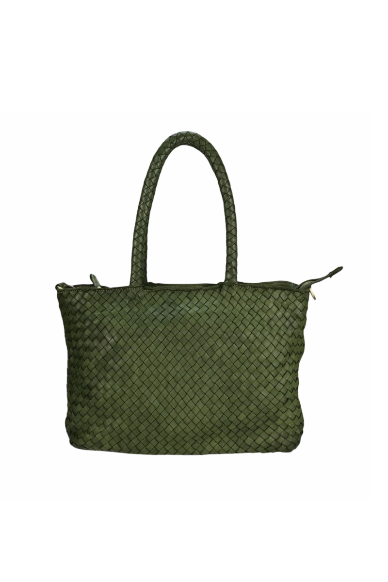 Borsa media in pelle intrecciata con manici e traccolla