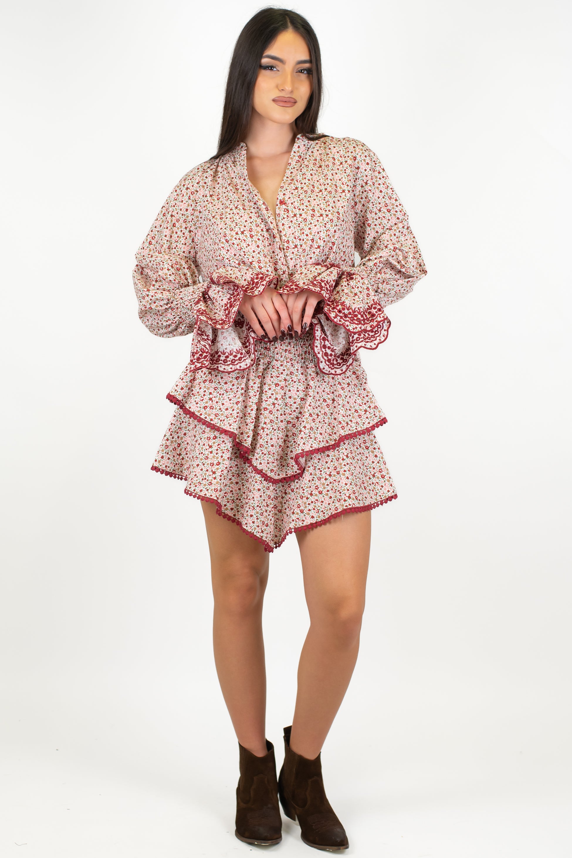 Motel - Gonna fantasia floreale con balze ed elastico in vita