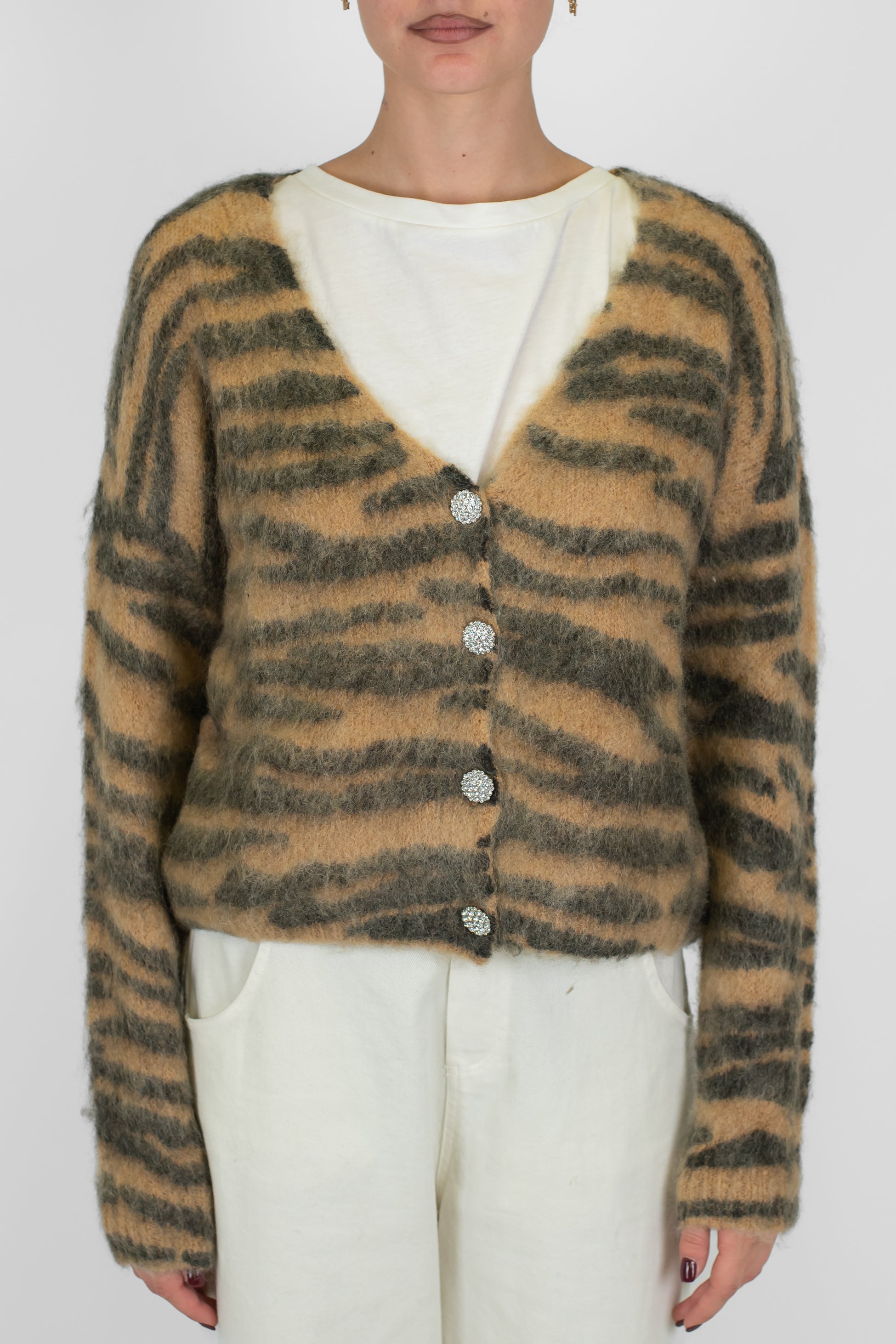 Tensione in - Cardigan fantasia animalier zebrata in misto lana mohair con bottoni gioiello