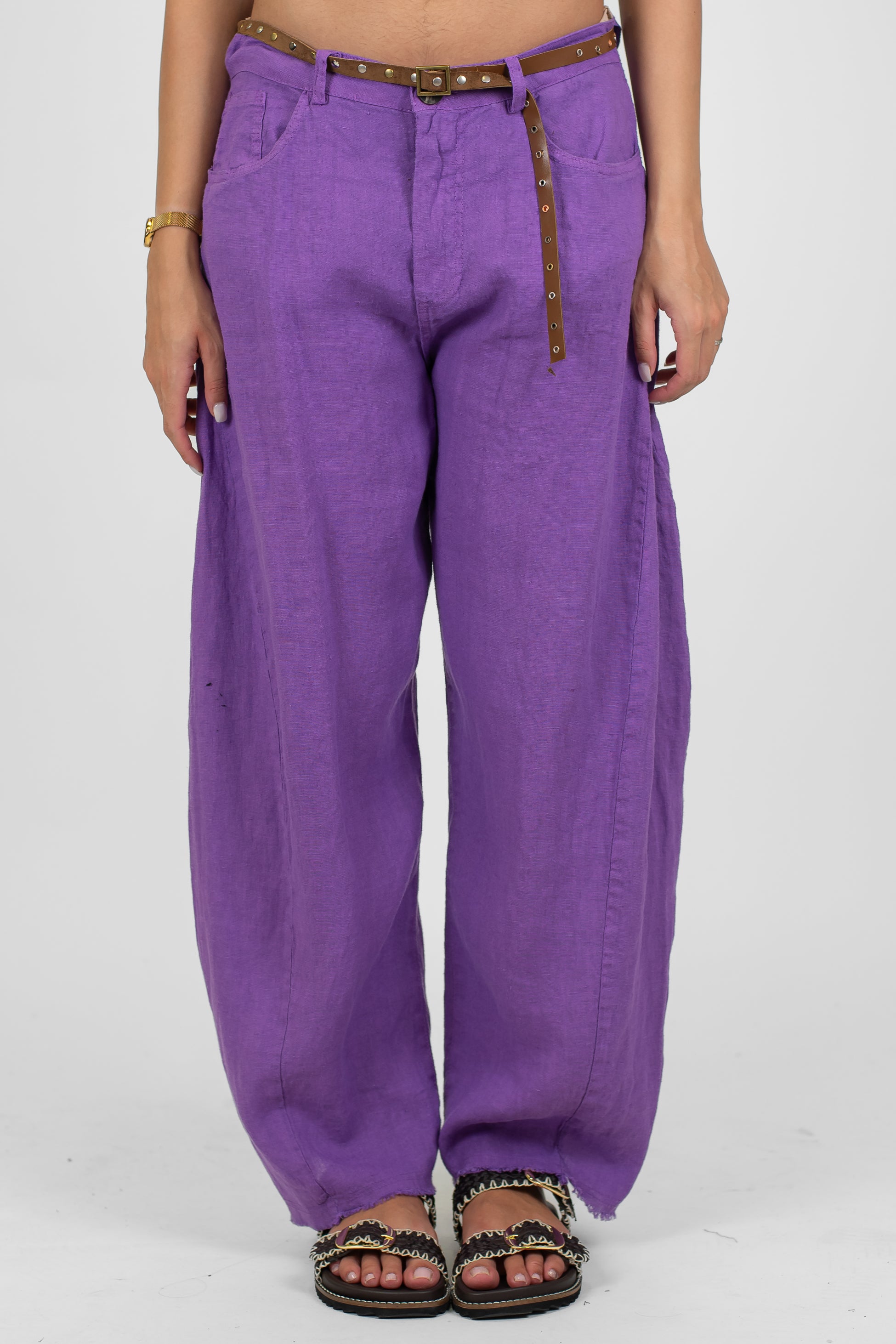 Tensione in - Pantalone balloon 100% lino sfrangiato sotto